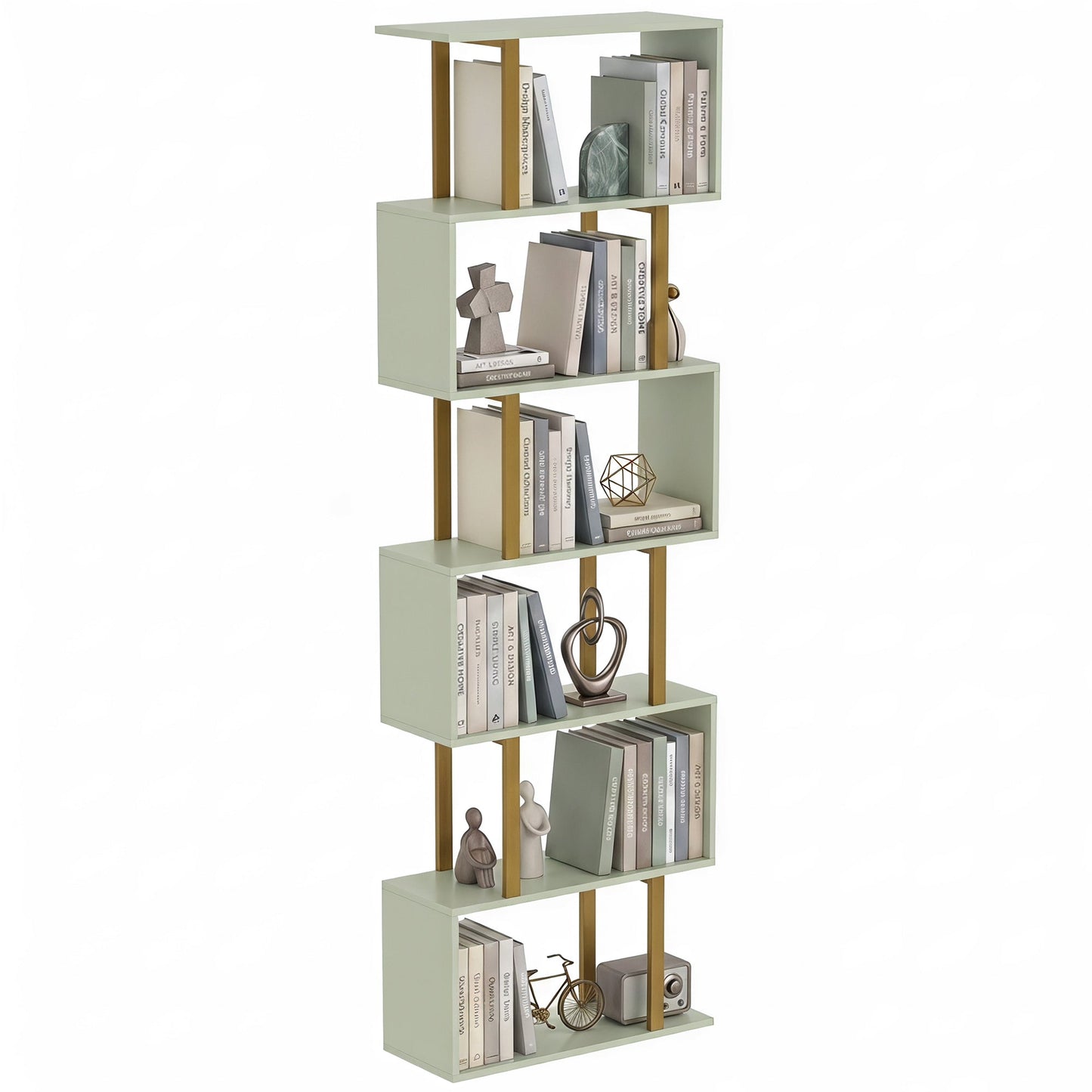 S-Shaped Bookshelf, 5-Tier Bookcase, Freestanding Storage Shelves with Anti-Tip Strap for Study, Living Room, Light Green