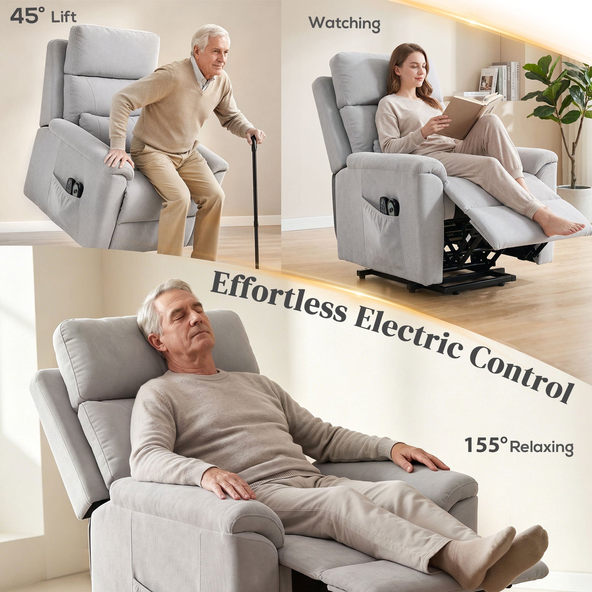 Power Lift Recliner Chair with Vibration Massage and Heat, Terry Cloth Electric Lift Chair for Elderly with Spring Cushion, High Back, Remote, Recliner Armchair for Living Room, Light Grey