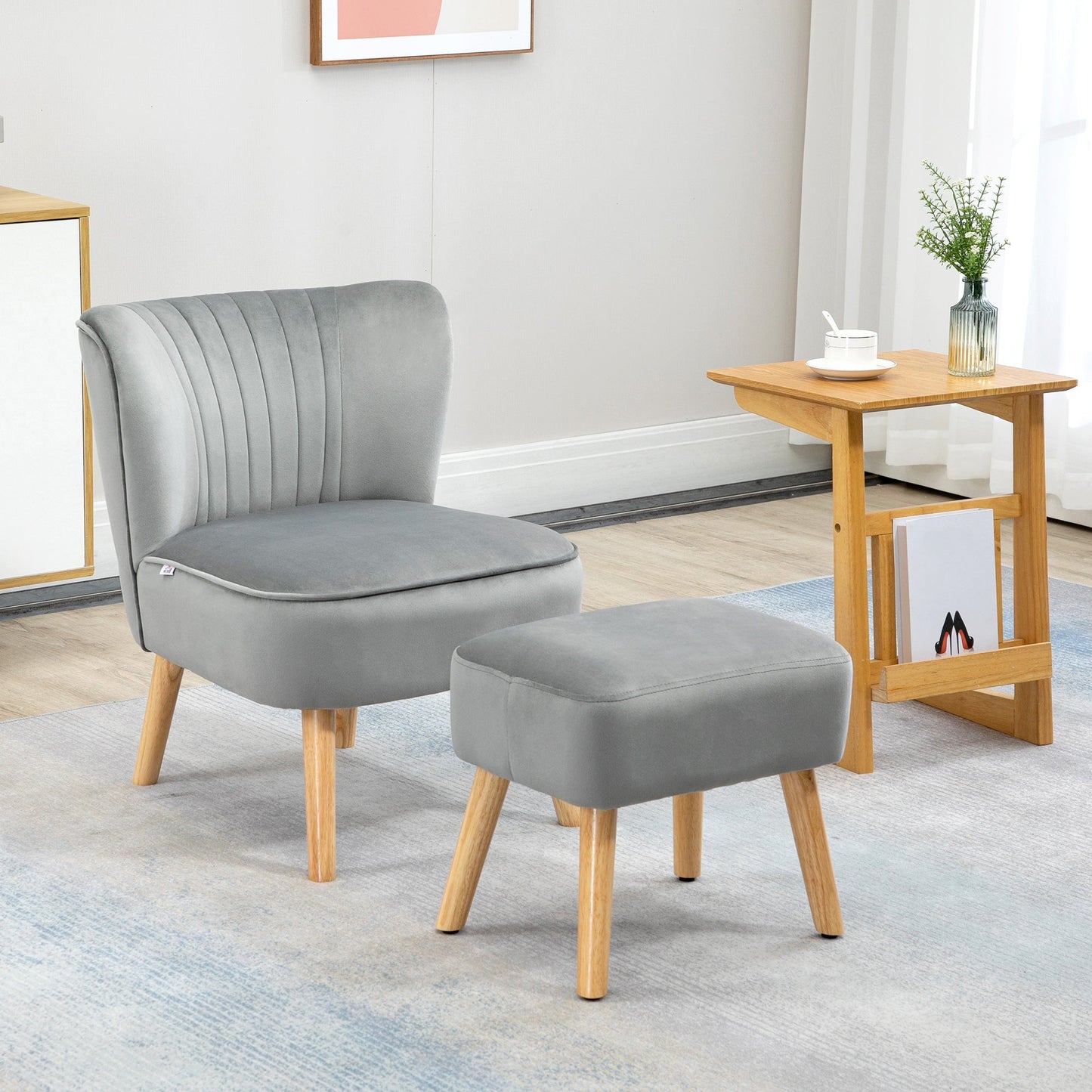 HOMCOM Velvet Accent Chair Occasional Tub Seat Padding Curved Back with Ottoman Wood Frame Legs Home Furniture Light Grey
