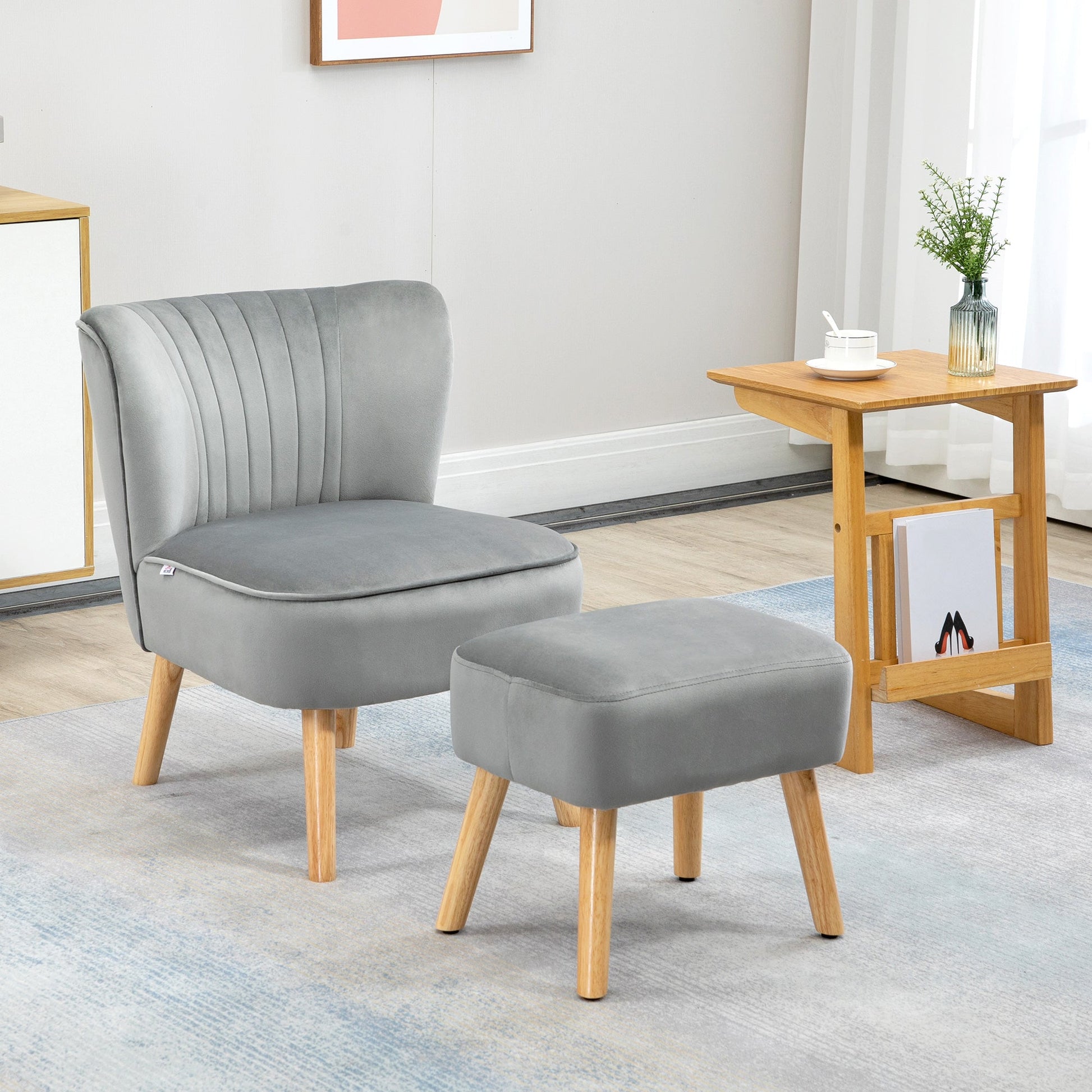 HOMCOM Velvet Accent Chair Occasional Tub Seat Padding Curved Back with Ottoman Wood Frame Legs Home Furniture Light Grey