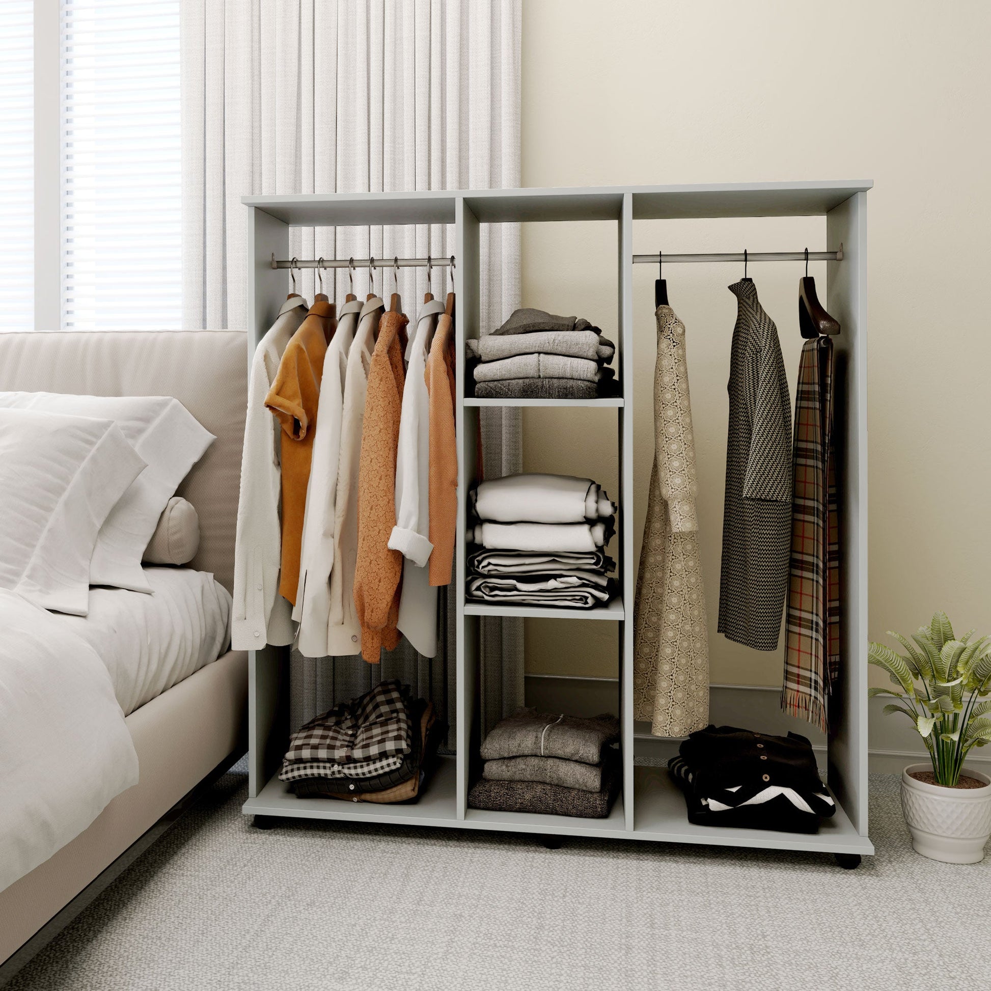 HOMCOM Double Open Wardrobe on Wheels, Bedroom Wardrobe with Clothes Hanging Rails, 3 Storage Shelves, Mobile Garment Rack for Cloakroom, Hallway, Grey