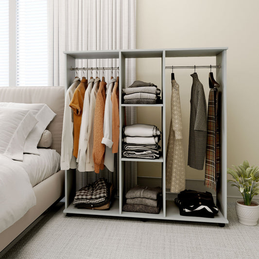 HOMCOM Double Open Wardrobe on Wheels, Bedroom Wardrobe with Clothes Hanging Rails, 3 Storage Shelves, Mobile Garment Rack for Cloakroom, Hallway, Grey
