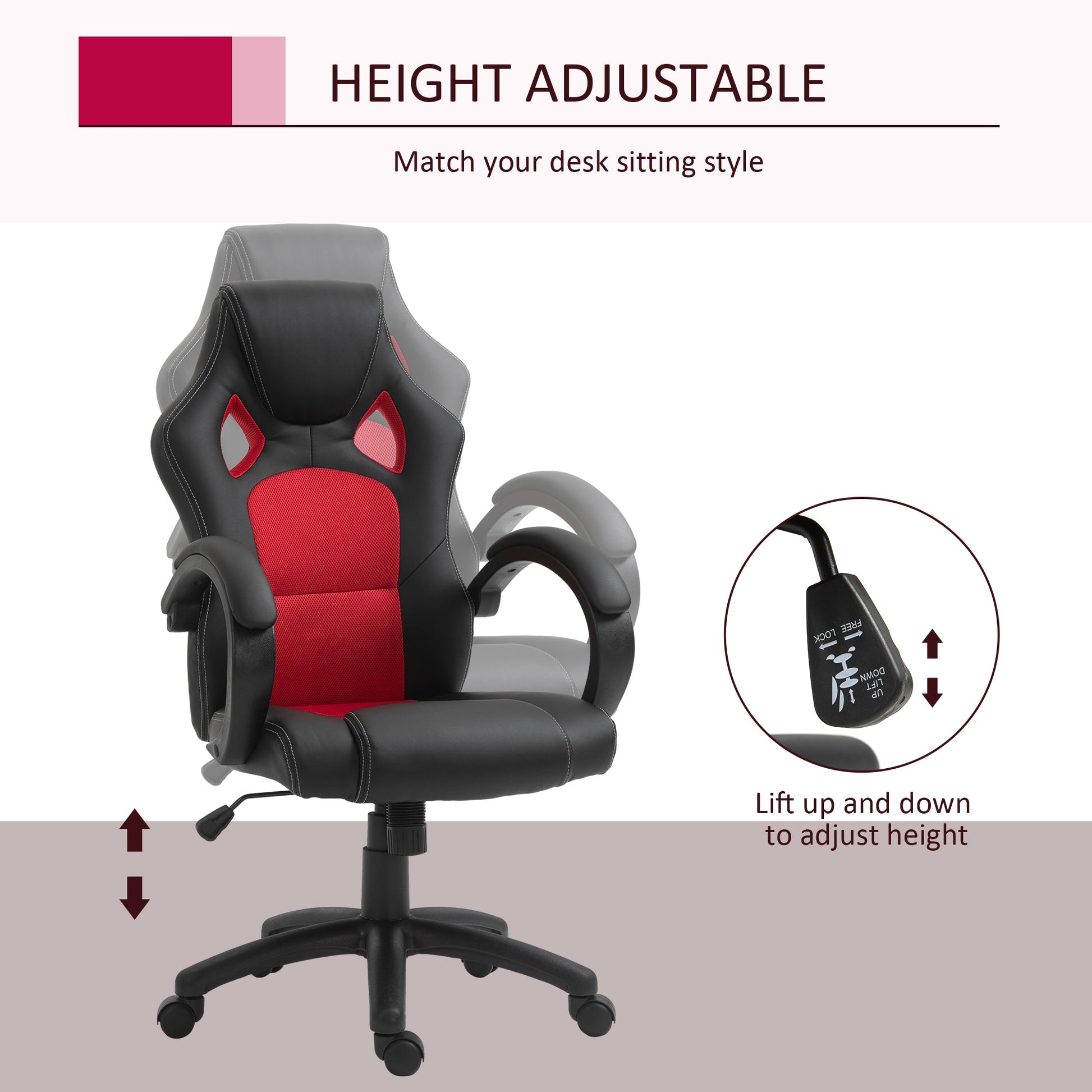 Vinsetto High-Back Gaming Chair Faux Leather Swivel Computer Racing Gamer Desk Chair for Home Office with Wheels, Red