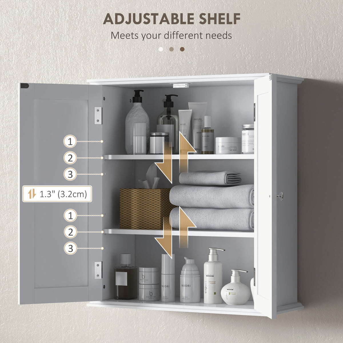 Bathroom Wall Cabinet, 3-Tier Wall-Mounted Bathroom Storage Cabinet with Adjustable Shelf, 2 Doors, Space Saver Medicine Cupboard, 53 x 22 x 61 cm, White