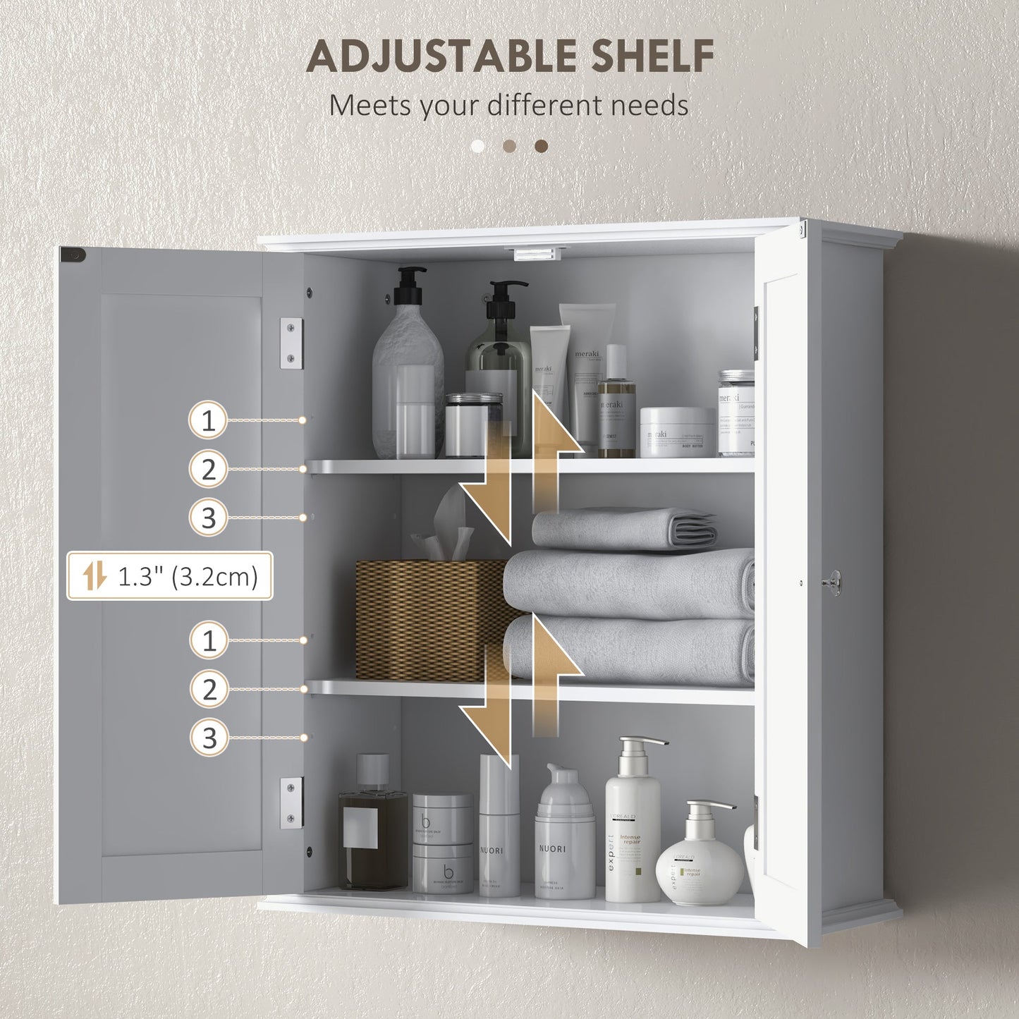 Bathroom Wall Cabinet, 3-Tier Wall-Mounted Bathroom Storage Cabinet with Adjustable Shelf, 2 Doors, Space Saver Medicine Cupboard, 53 x 22 x 61 cm, White