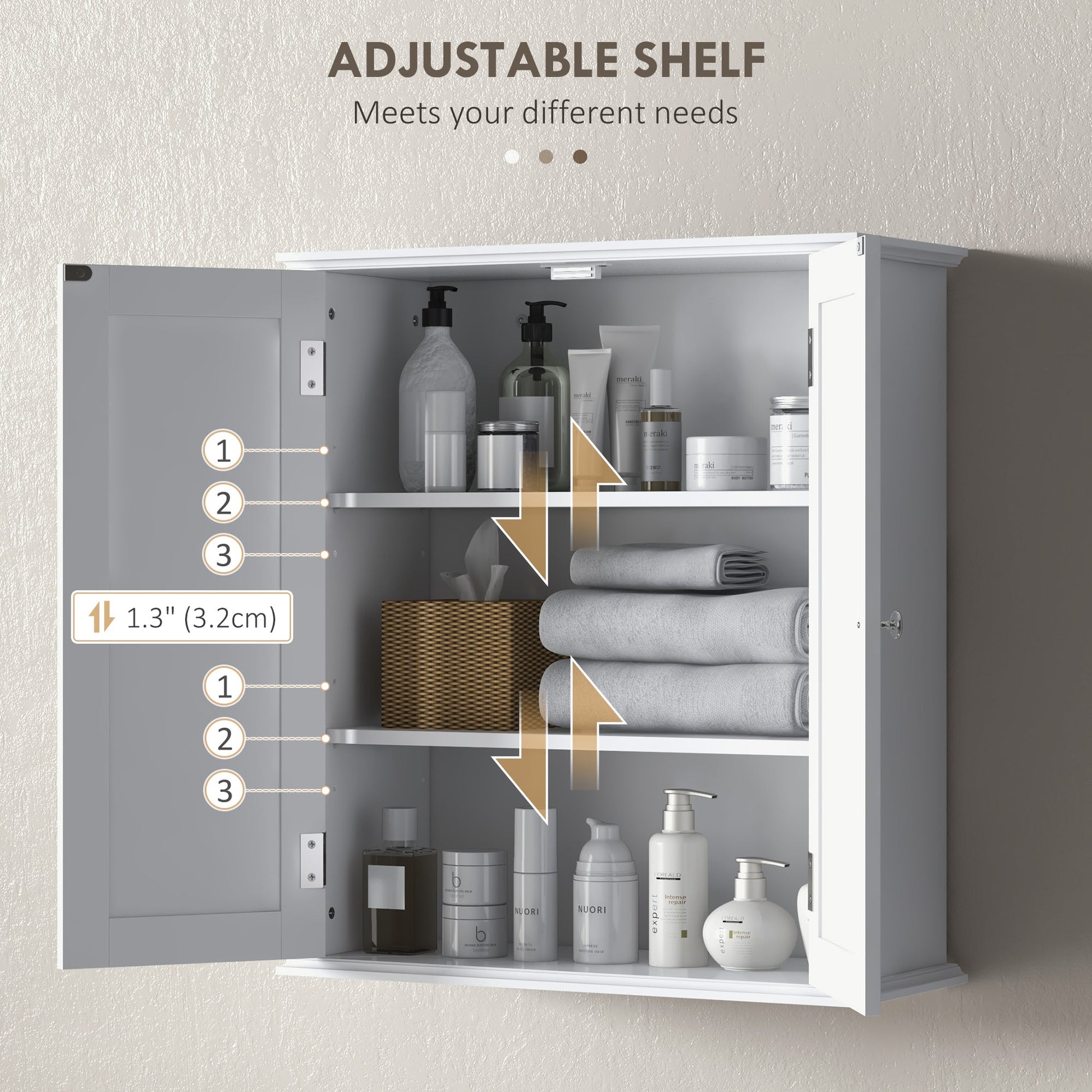 Bathroom Wall Cabinet, 3-Tier Wall-Mounted Bathroom Storage Cabinet with Adjustable Shelf, 2 Doors, Space Saver Medicine Cupboard, 53 x 22 x 61 cm, White
