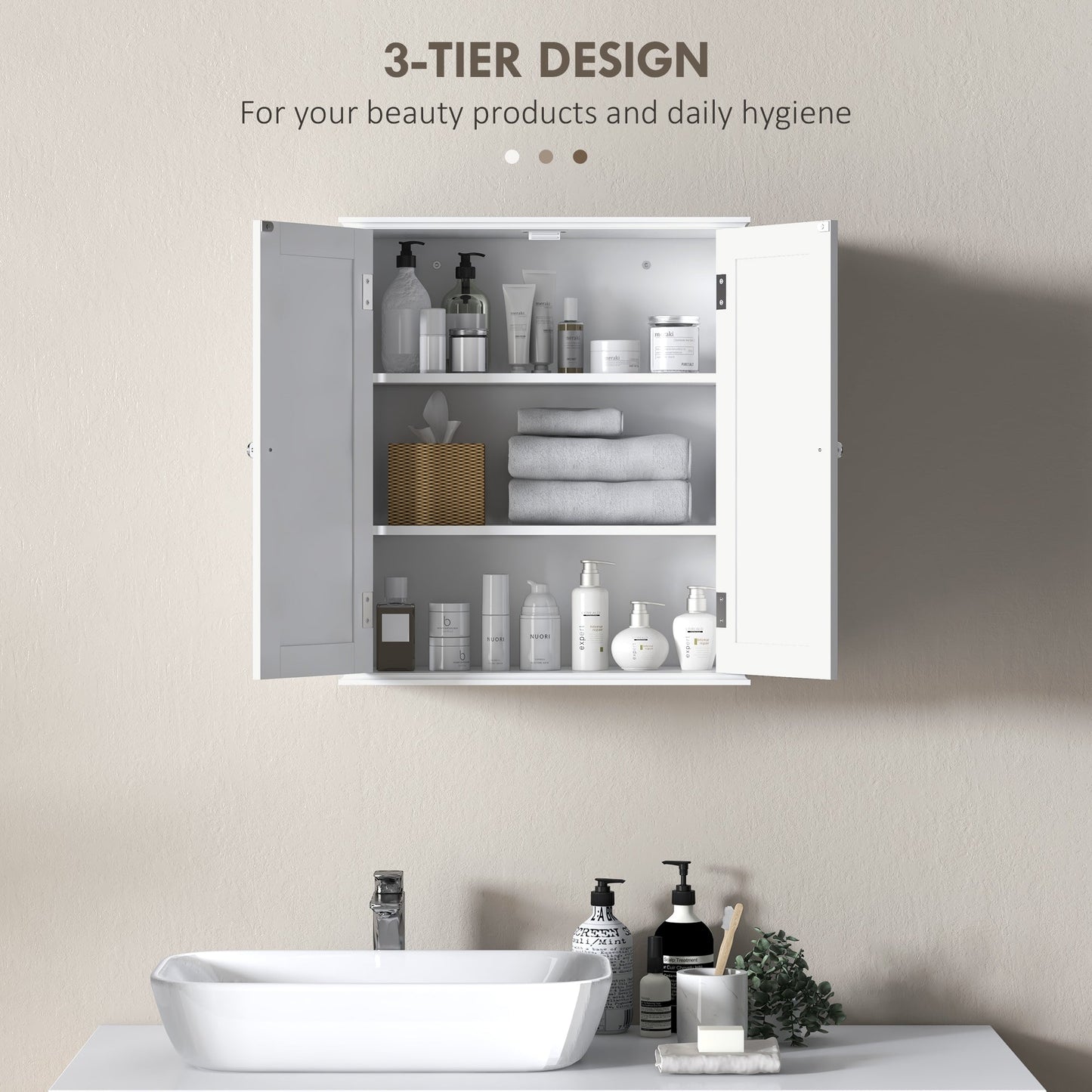 Bathroom Wall Cabinet, 3-Tier Wall-Mounted Bathroom Storage Cabinet with Adjustable Shelf, 2 Doors, Space Saver Medicine Cupboard, 53 x 22 x 61 cm, White