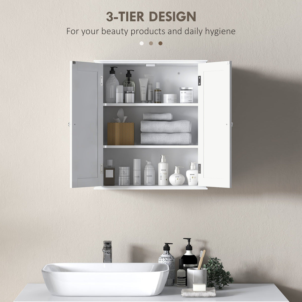 Bathroom Wall Cabinet, 3-Tier Wall-Mounted Bathroom Storage Cabinet with Adjustable Shelf, 2 Doors, Space Saver Medicine Cupboard, 53 x 22 x 61 cm, White