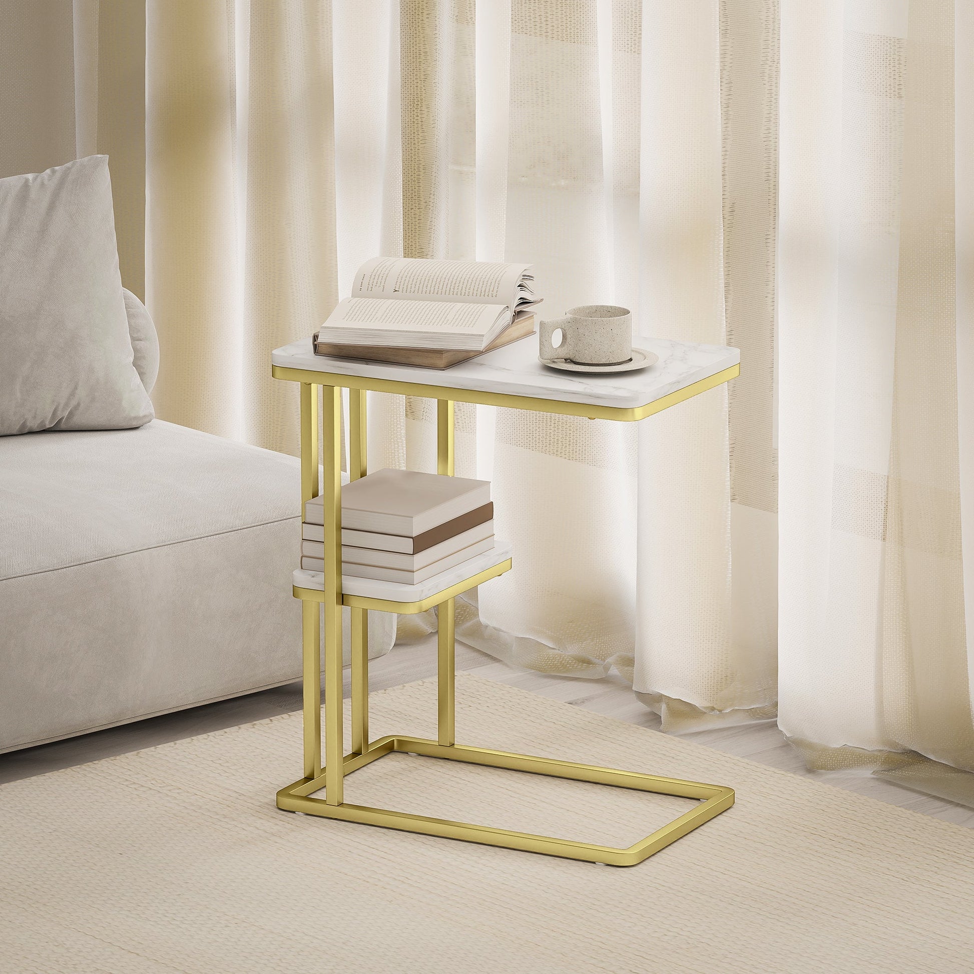 C-Shaped Narrow Side Table, 2-Tier Slim End Table with Storage Shelf, Modern Nightstand for Small Spaces, Living Room, Bedroom, 50 x 30 x 57.5 cm, White Marble Grain