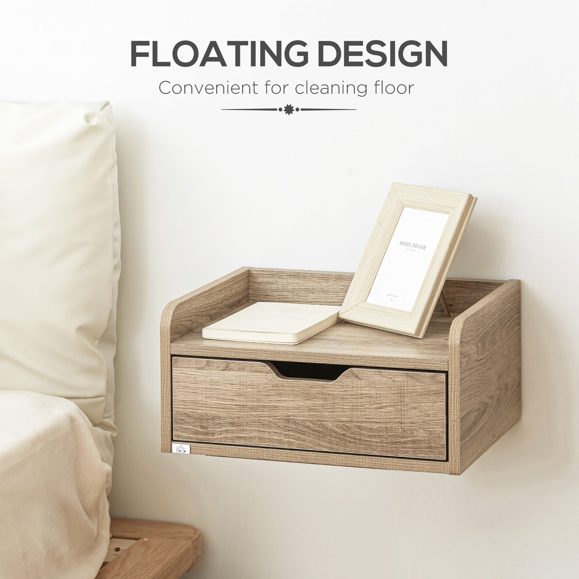 HOMCOM Floating Nightstand Set of 2 Wall Mounted Bedside Table with Storage Drawer for Bedroom, Natural