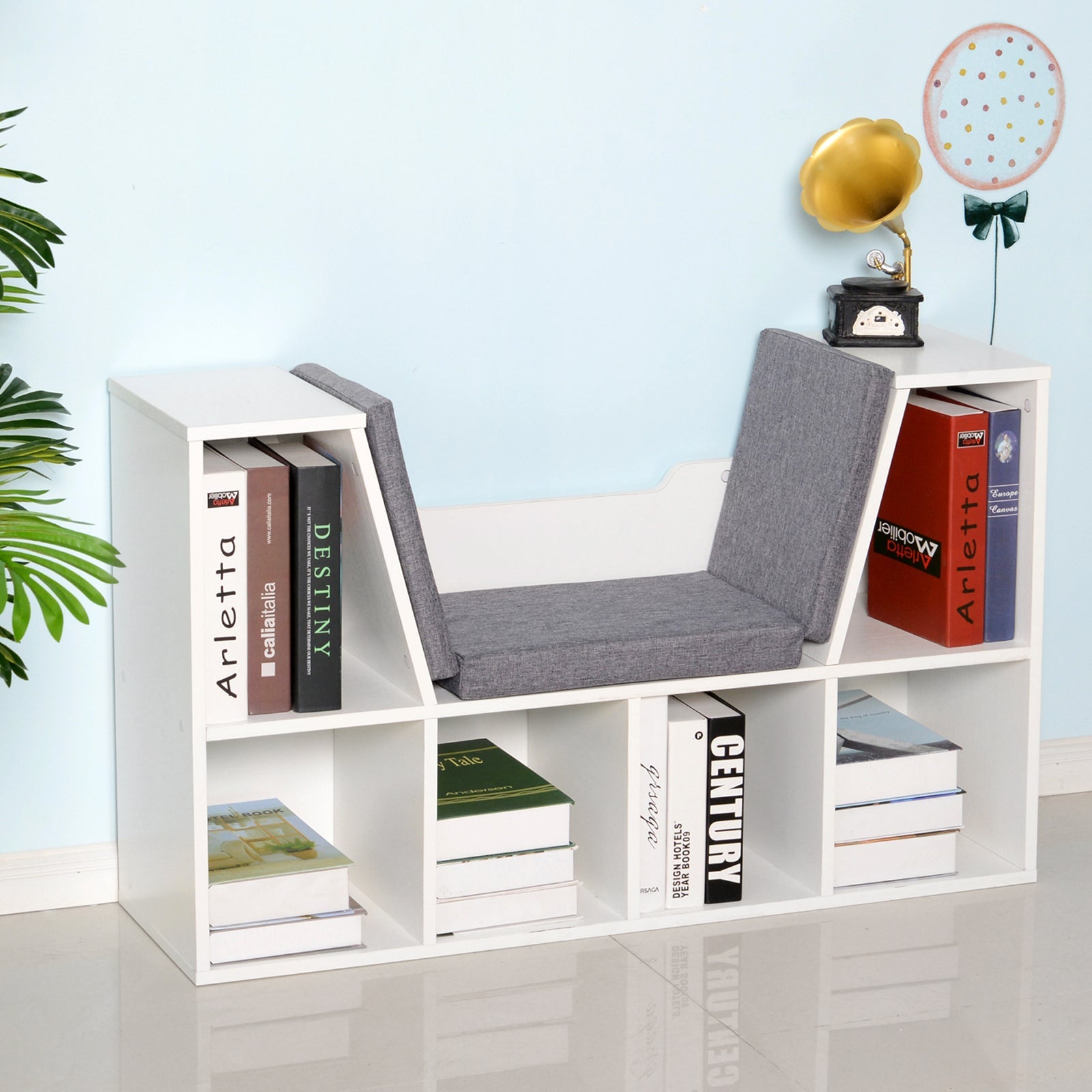 HOMCOM Bookcase Storage Shelf with Cushioned Reading Seat, Cube Bookshelf Organizer for Bedroom Living Room, White