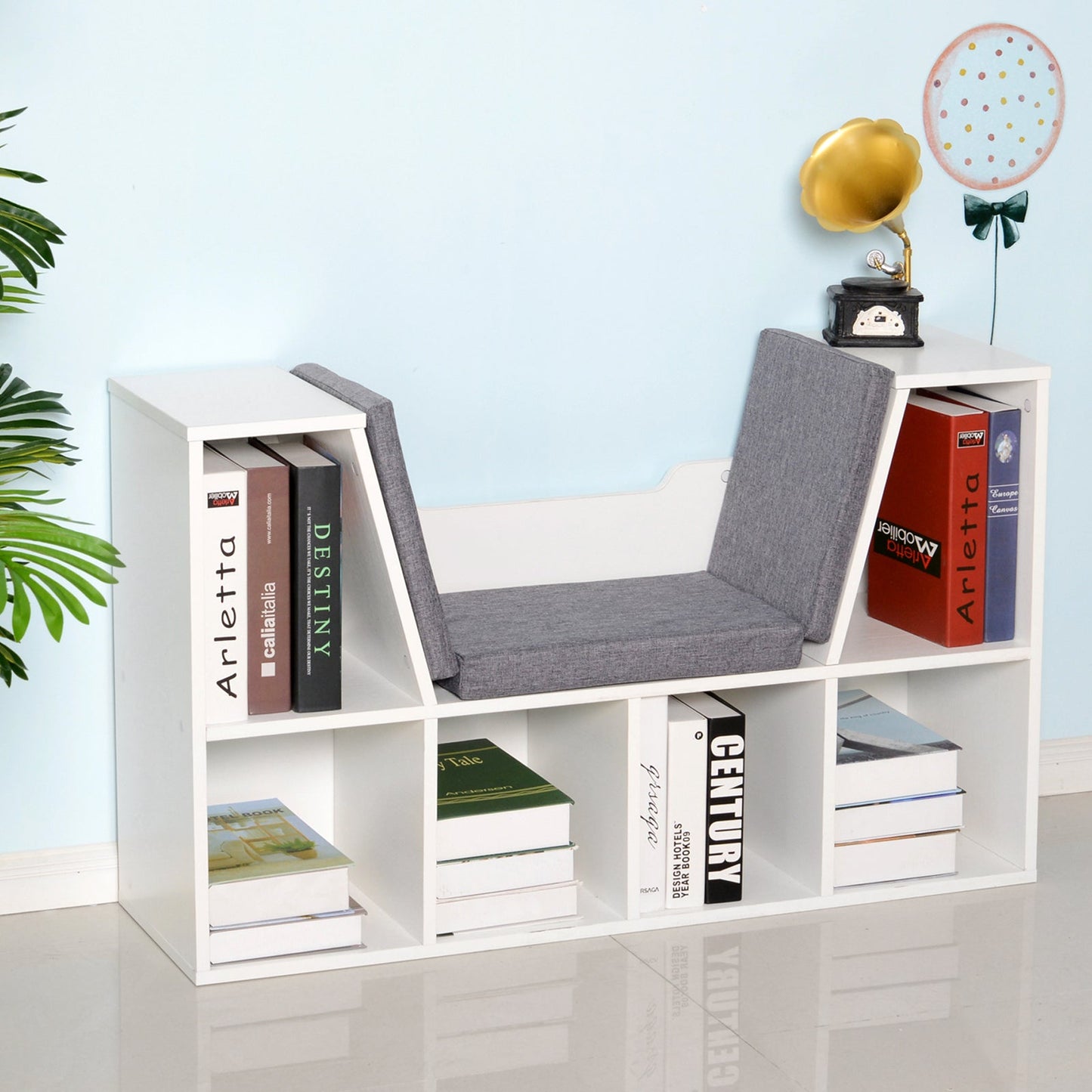 HOMCOM Bookcase Storage Shelf with Cushioned Reading Seat, Cube Bookshelf Organizer for Bedroom Living Room, White