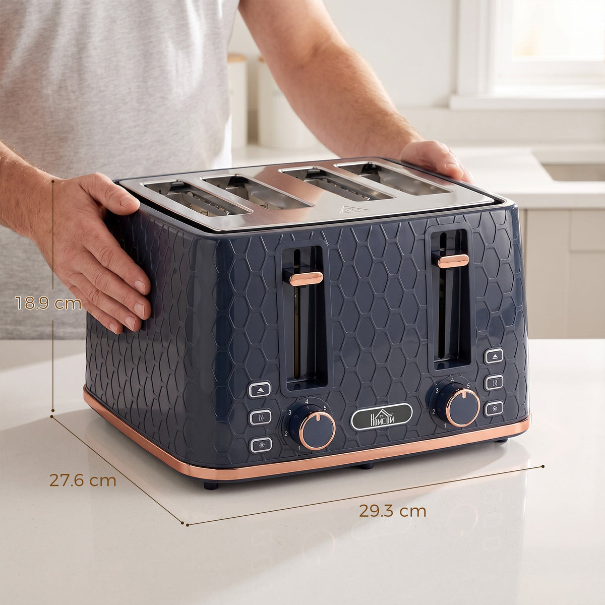 4 Slice Toaster with 7 Browning Levels, High Lift, Reheat/Defrost/Cancel, Self-centring Function, Removable Crumb Tray, 1860W, Honeycomb Texture, Dark Blue