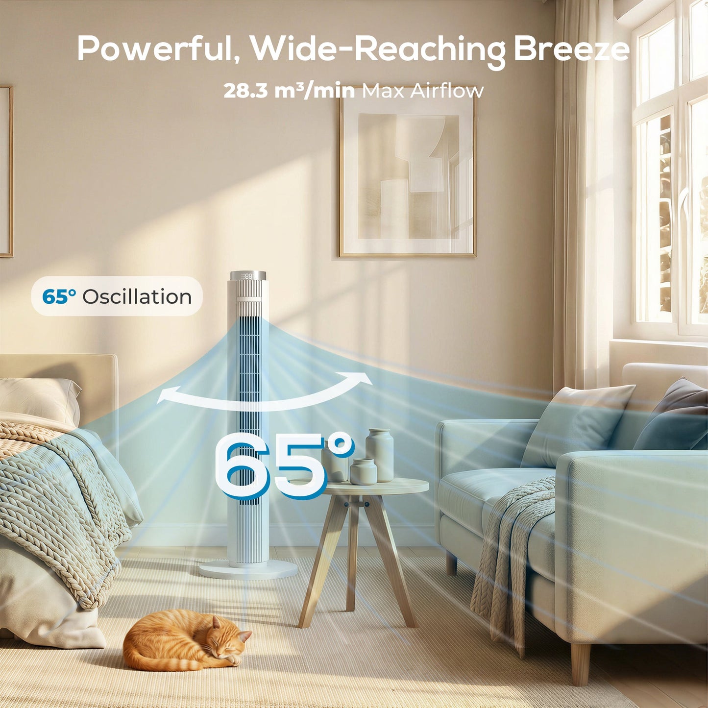 96 cm Tower Fan, Standing Floor Fan with Remote Control, WiFi App Control, 65° Oscillating, 3 Speed 4 Modes, 12 Hour Timer and Night Light for Bedroom Office, White