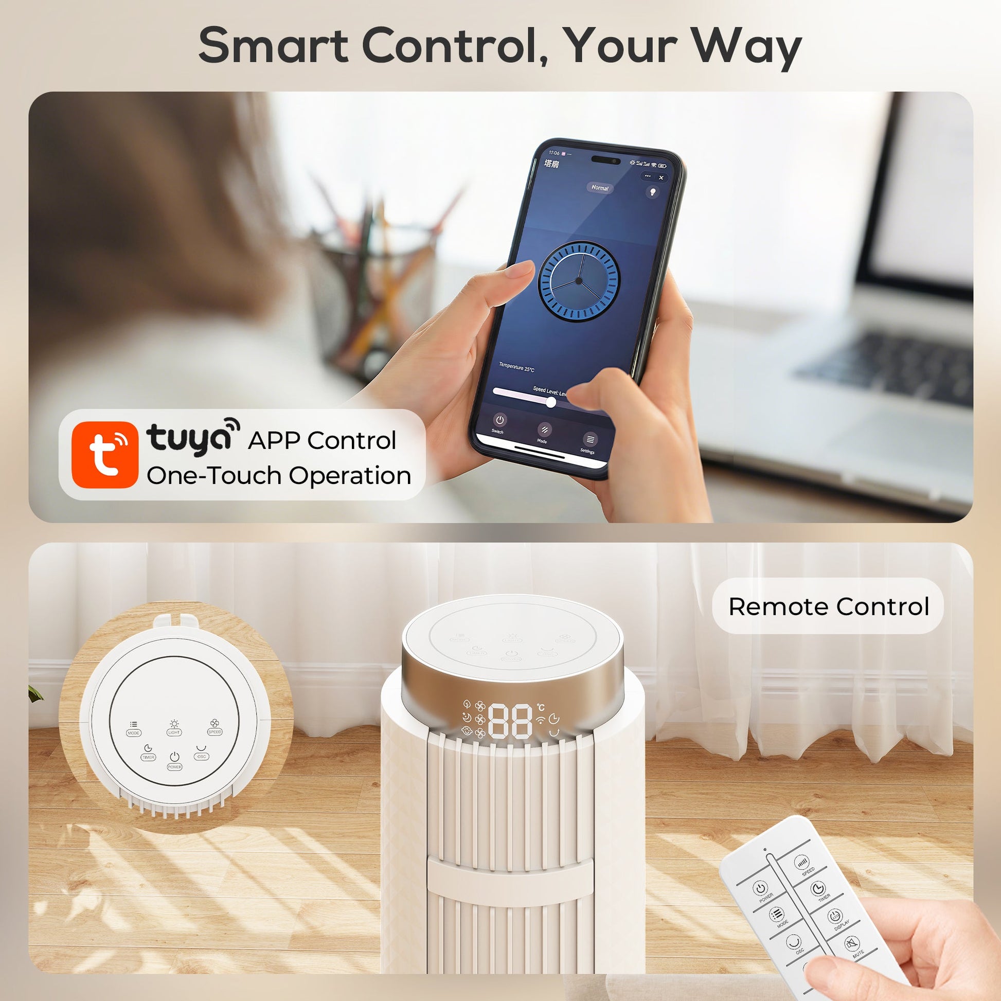96 cm Tower Fan, Standing Floor Fan with Remote Control, WiFi App Control, 65° Oscillating, 3 Speed 4 Modes, 12 Hour Timer and Night Light for Bedroom Office, White