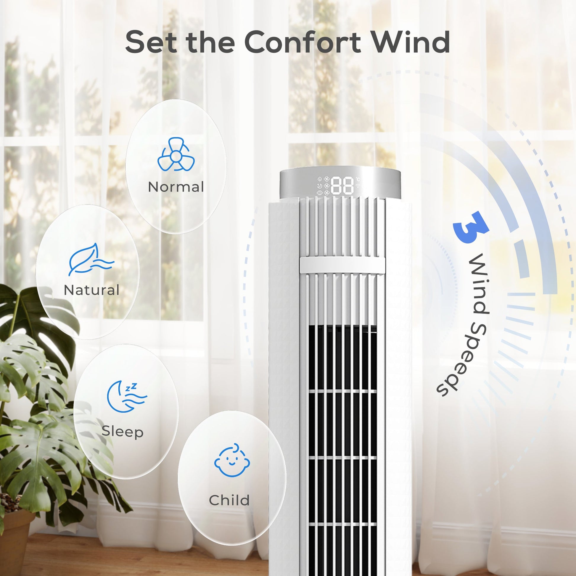 96 cm Tower Fan, Standing Floor Fan with Remote Control, WiFi App Control, 65° Oscillating, 3 Speed 4 Modes, 12 Hour Timer and Night Light for Bedroom Office, White
