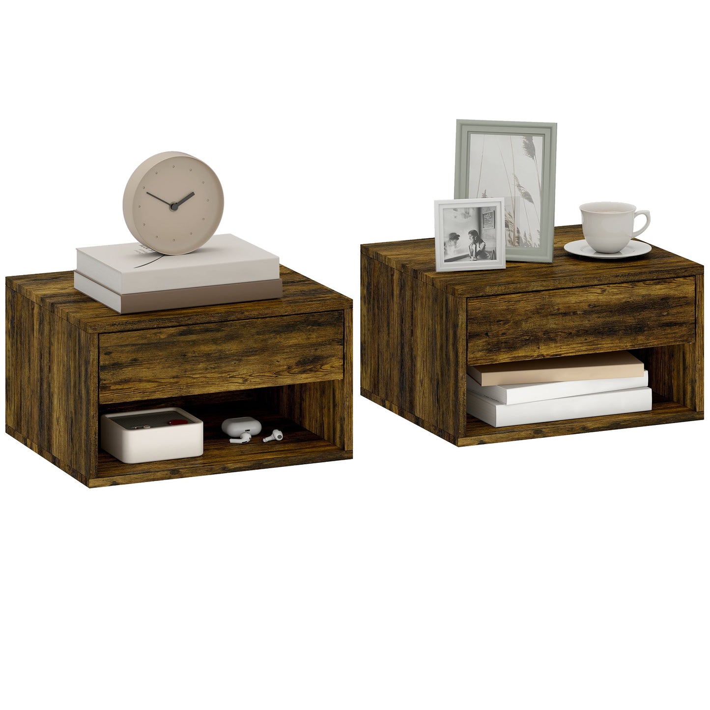 Floating Bedside Tables Set of 2, Wall Mounted Nightstand with Drawer and Open Shelf for Bedroom, Rustic Brown