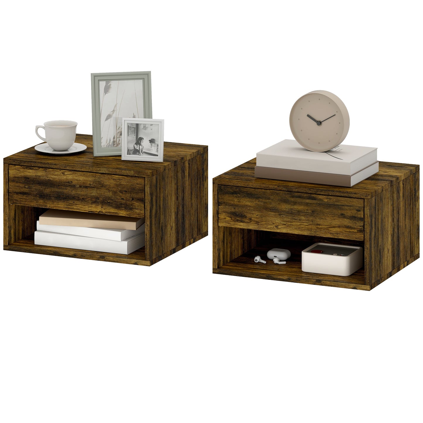 Floating Bedside Tables Set of 2, Wall Mounted Nightstand with Drawer and Open Shelf for Bedroom, Rustic Brown