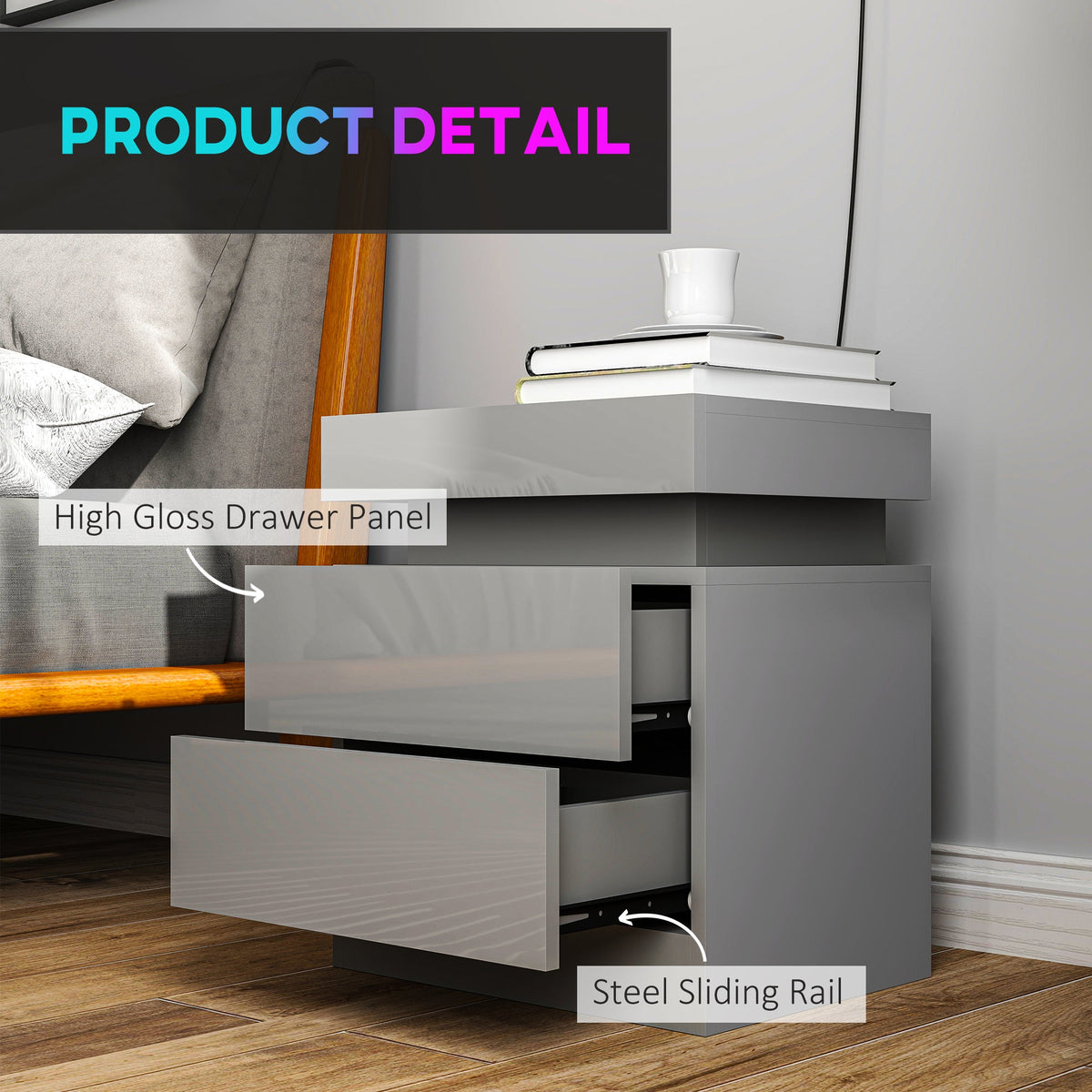 High Gloss Front Bedside Table, APP Control Nightstand with RGB LED Light and 2 Drawers, Chest of Drawers for Bedroom, Living Room, Grey