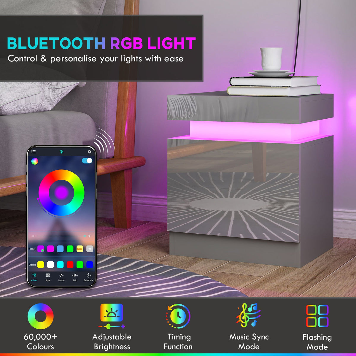 High Gloss Front Bedside Table, APP Control Nightstand with RGB LED Light and 2 Drawers, Chest of Drawers for Bedroom, Living Room, Grey