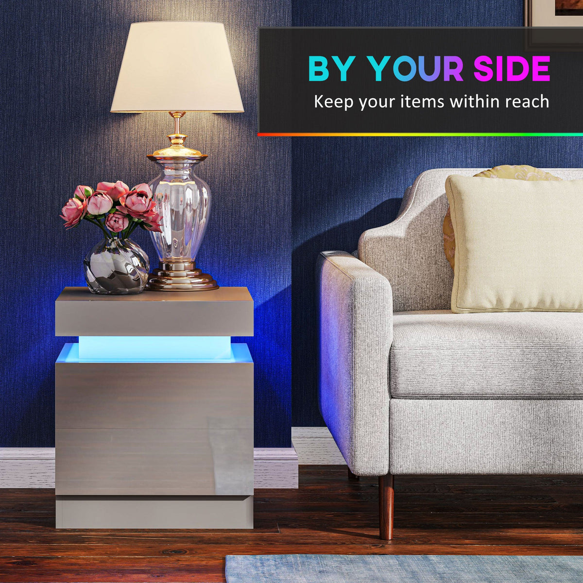 High Gloss Front Bedside Table, APP Control Nightstand with RGB LED Light and 2 Drawers, Chest of Drawers for Bedroom, Living Room, Grey