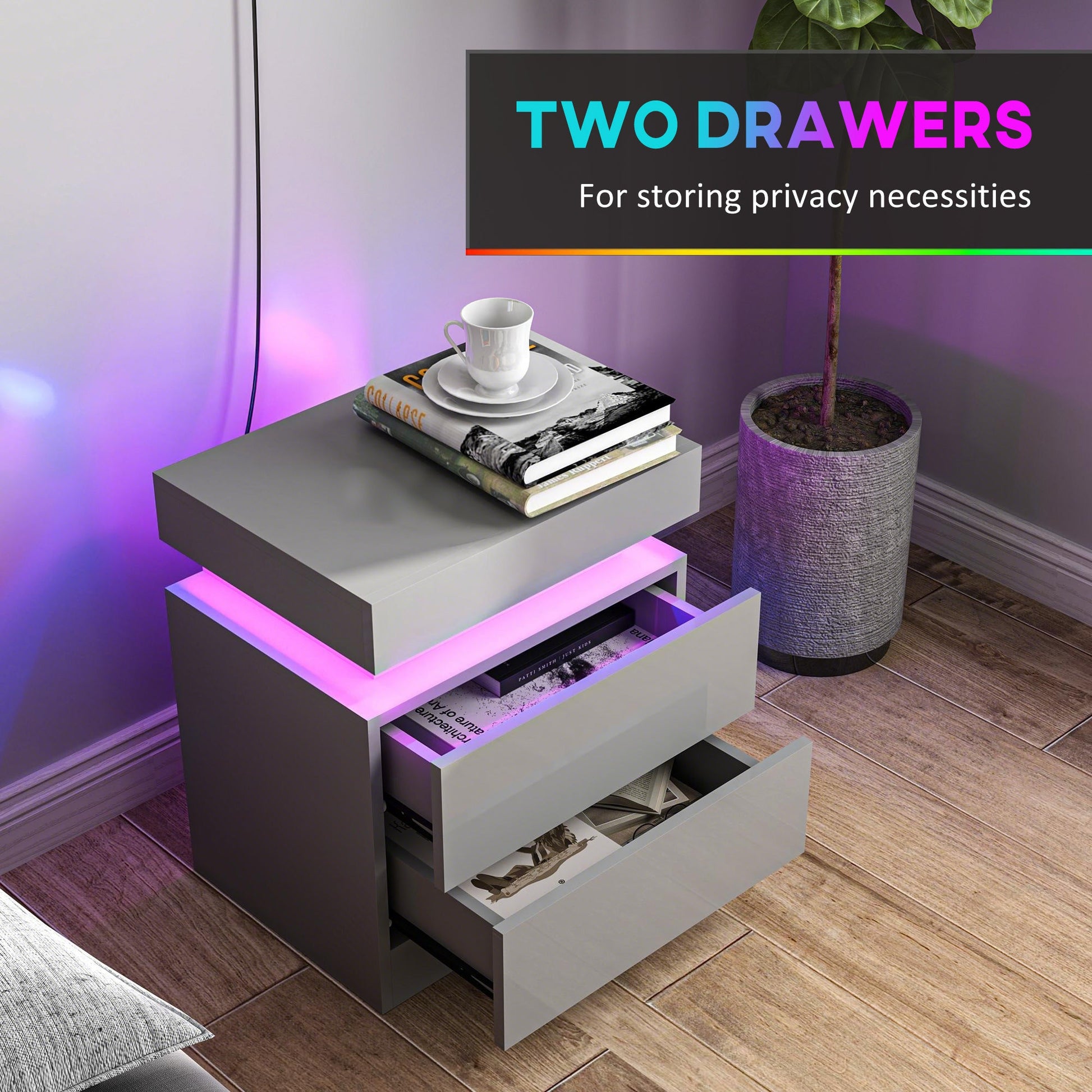 High Gloss Front Bedside Table, APP Control Nightstand with RGB LED Light and 2 Drawers, Chest of Drawers for Bedroom, Living Room, Grey