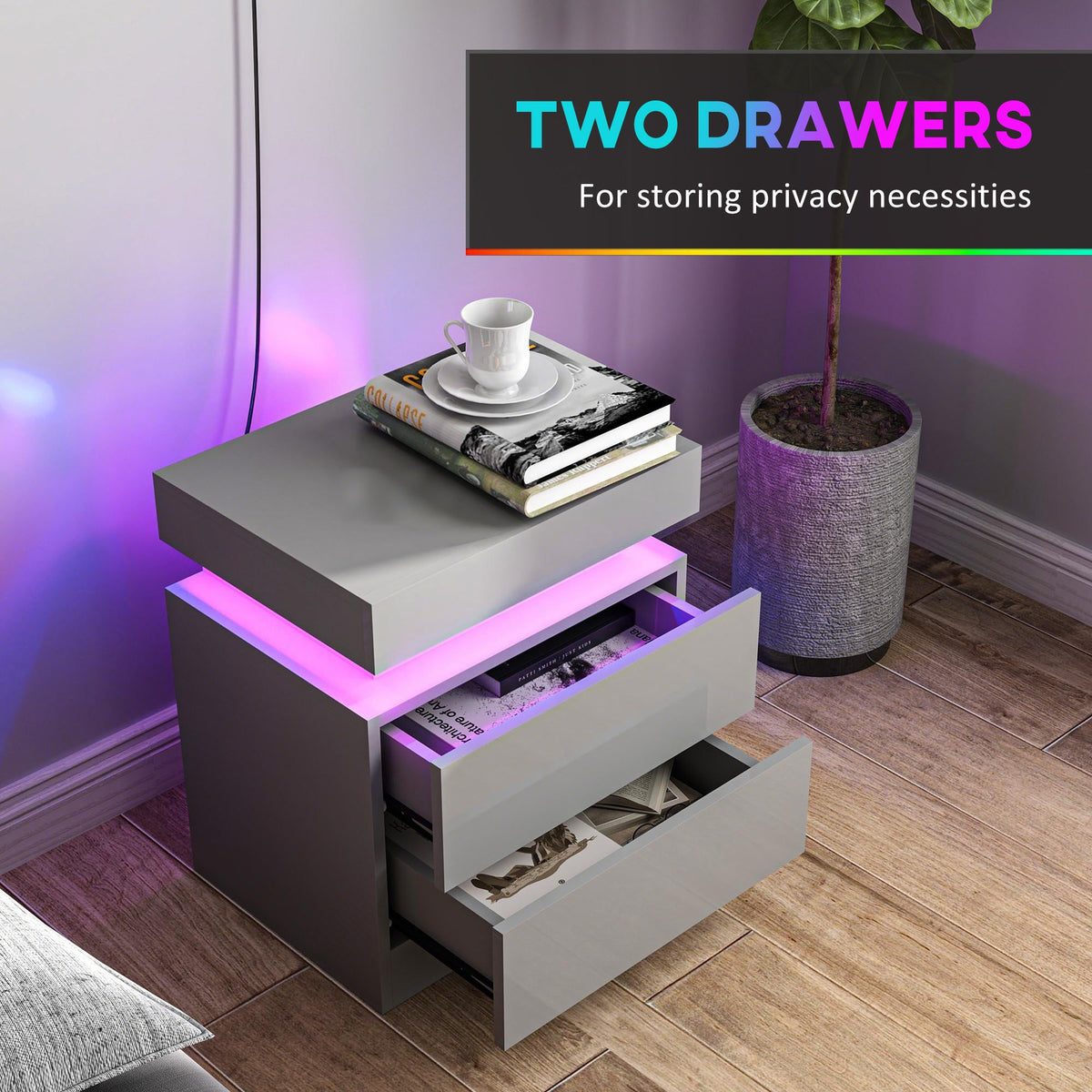 High Gloss Front Bedside Table, APP Control Nightstand with RGB LED Light and 2 Drawers, Chest of Drawers for Bedroom, Living Room, Grey