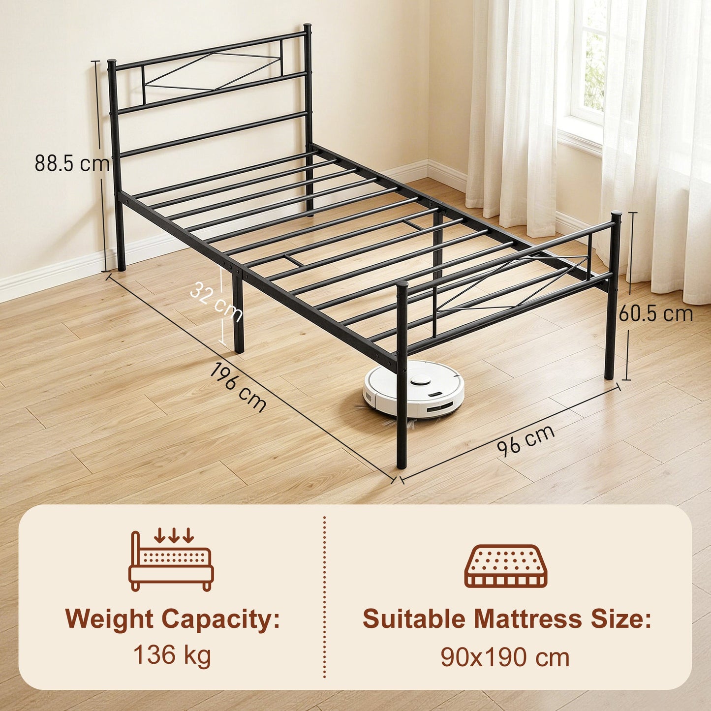 3ft Single Bed Frame with Headboard and Footboard, Metal Platform Bed Frame with 32 cm Underbed Storage, Steel Slat Support, Noise-Free, No Box Spring Needed, Easy Assembly, Black