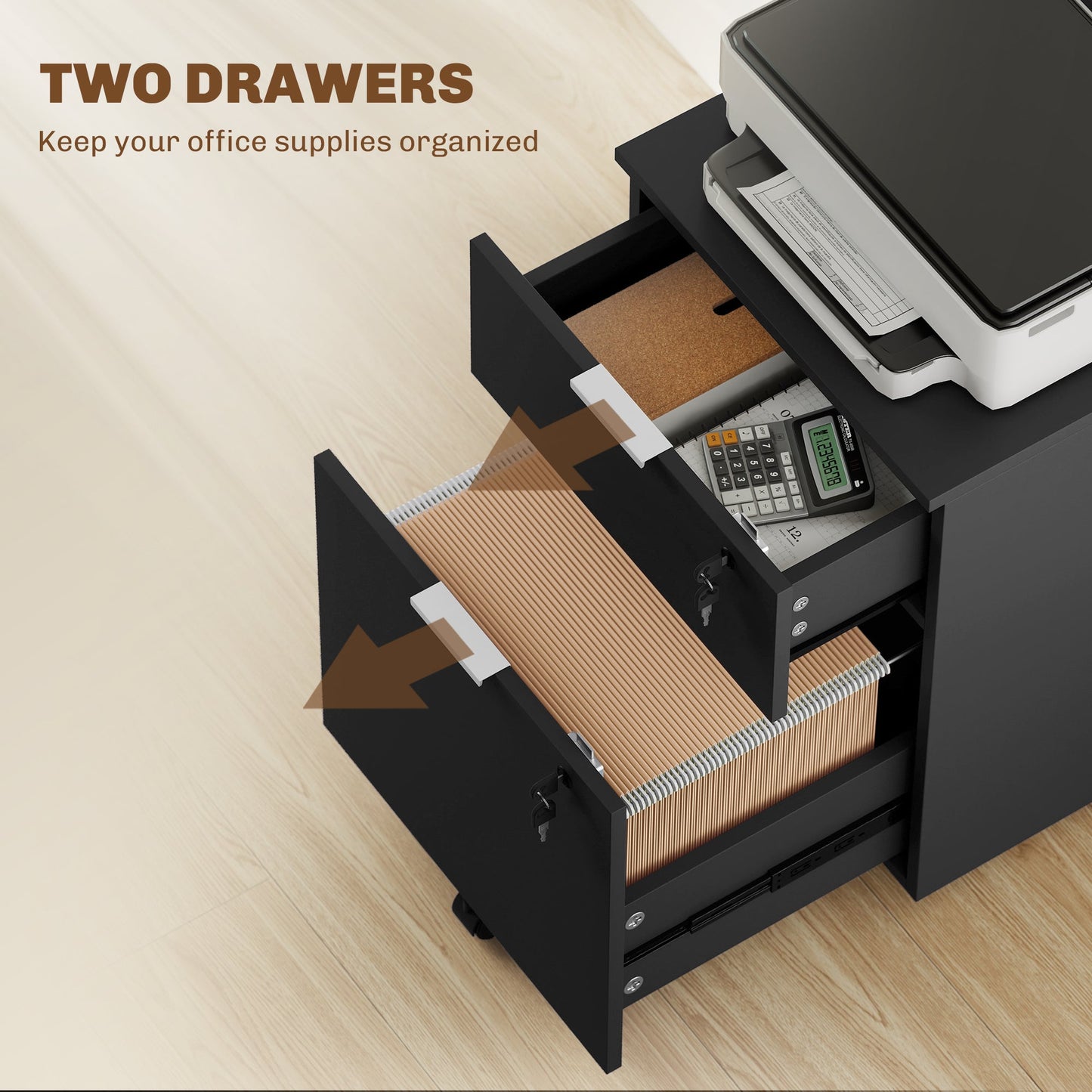 Mobile File Cabinet with Wheels and Lock, 2 Drawer Under Desk Office Cabinet, Adjustable A4 and Letter Hanging Bars, Black