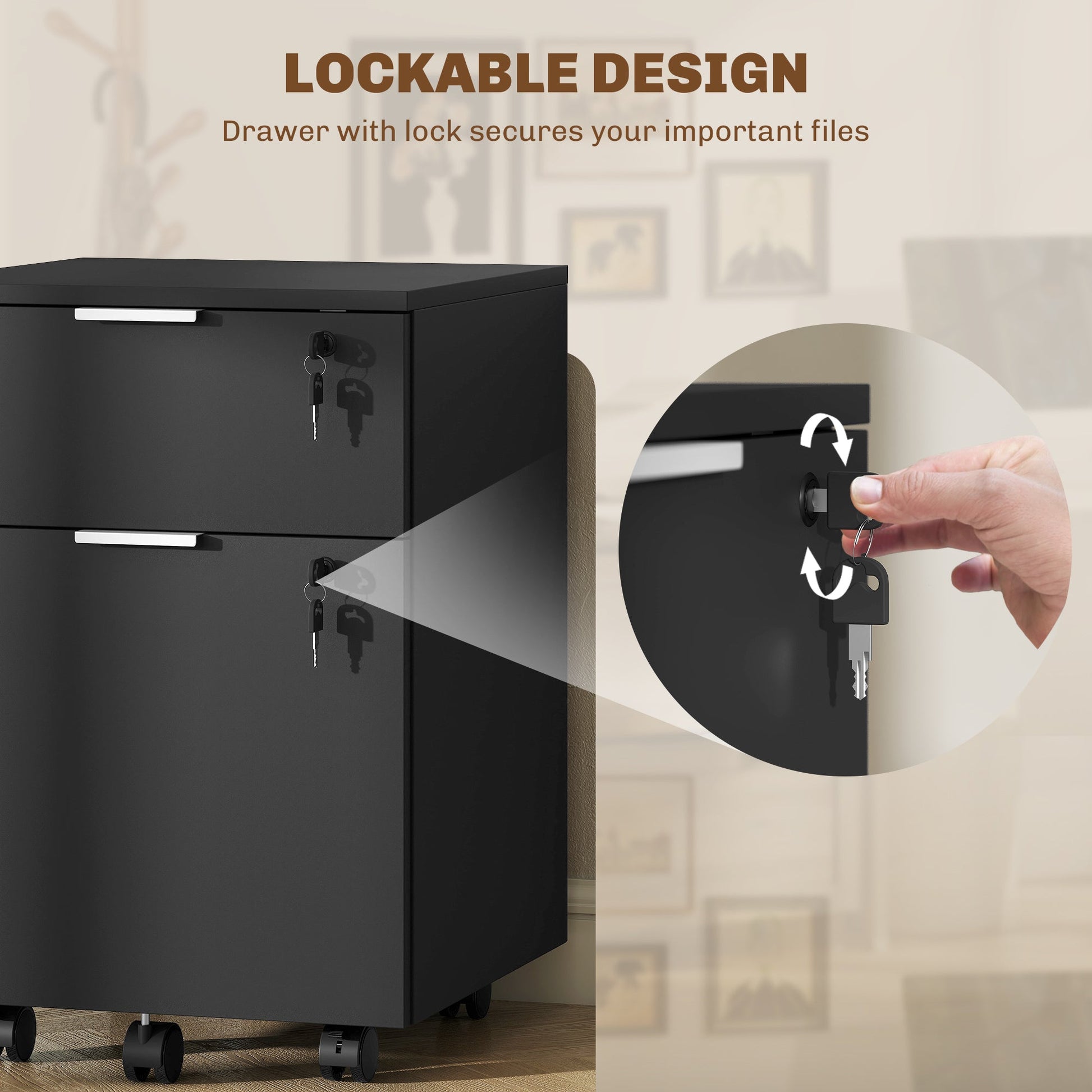 Mobile File Cabinet with Wheels and Lock, 2 Drawer Under Desk Office Cabinet, Adjustable A4 and Letter Hanging Bars, Black
