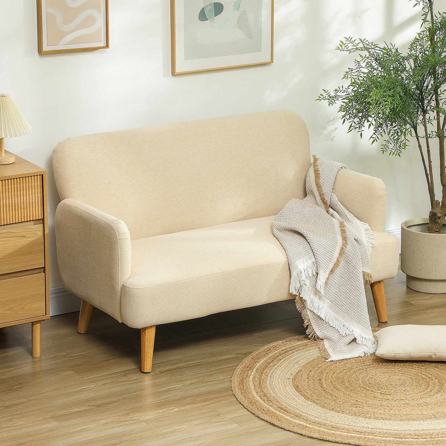 HOMCOM 2 Seater Sofa, Small Sofa Couch with 21cm Thick Padding and Wood Legs, Modern Velvet Feel Fabric Loveseat for Living Room, Bedroom, Home Office, Cream White