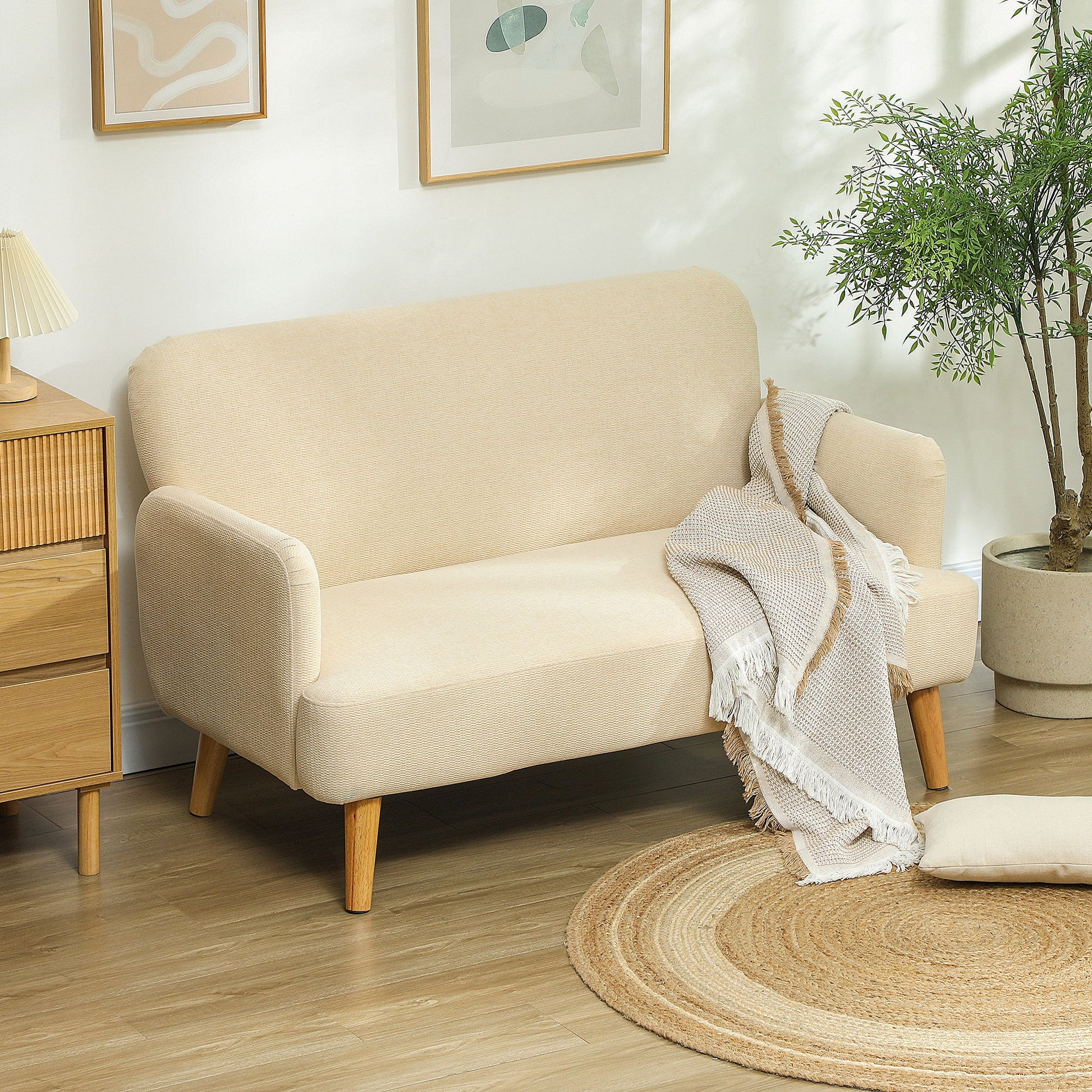 HOMCOM 2 Seater Sofa, Small Sofa Couch with 21cm Thick Padding and Wood Legs, Modern Velvet Feel Fabric Loveseat for Living Room, Bedroom, Home Office, Cream White