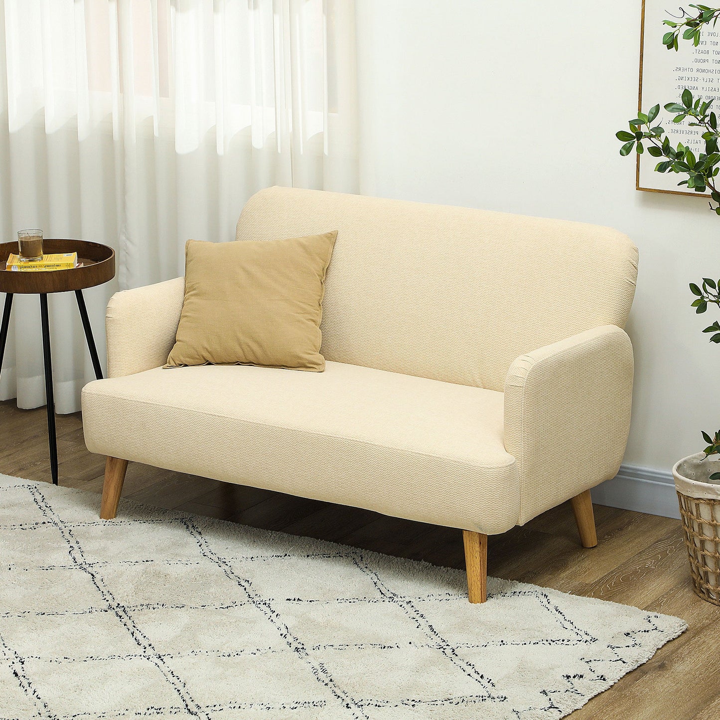 HOMCOM 2 Seater Sofa, Small Sofa Couch with 21cm Thick Padding and Wood Legs, Modern Velvet Feel Fabric Loveseat for Living Room, Bedroom, Home Office, Cream White