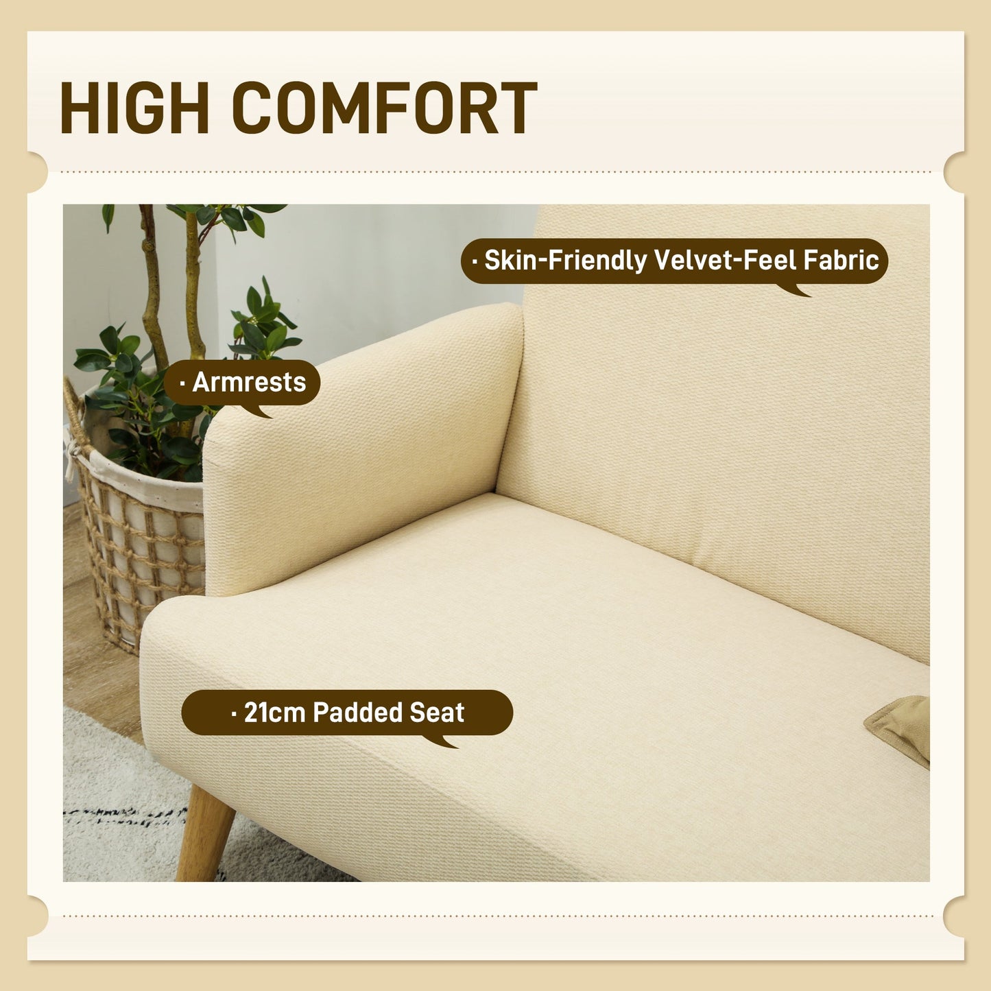 HOMCOM 2 Seater Sofa, Small Sofa Couch with 21cm Thick Padding and Wood Legs, Modern Velvet Feel Fabric Loveseat for Living Room, Bedroom, Home Office, Cream White