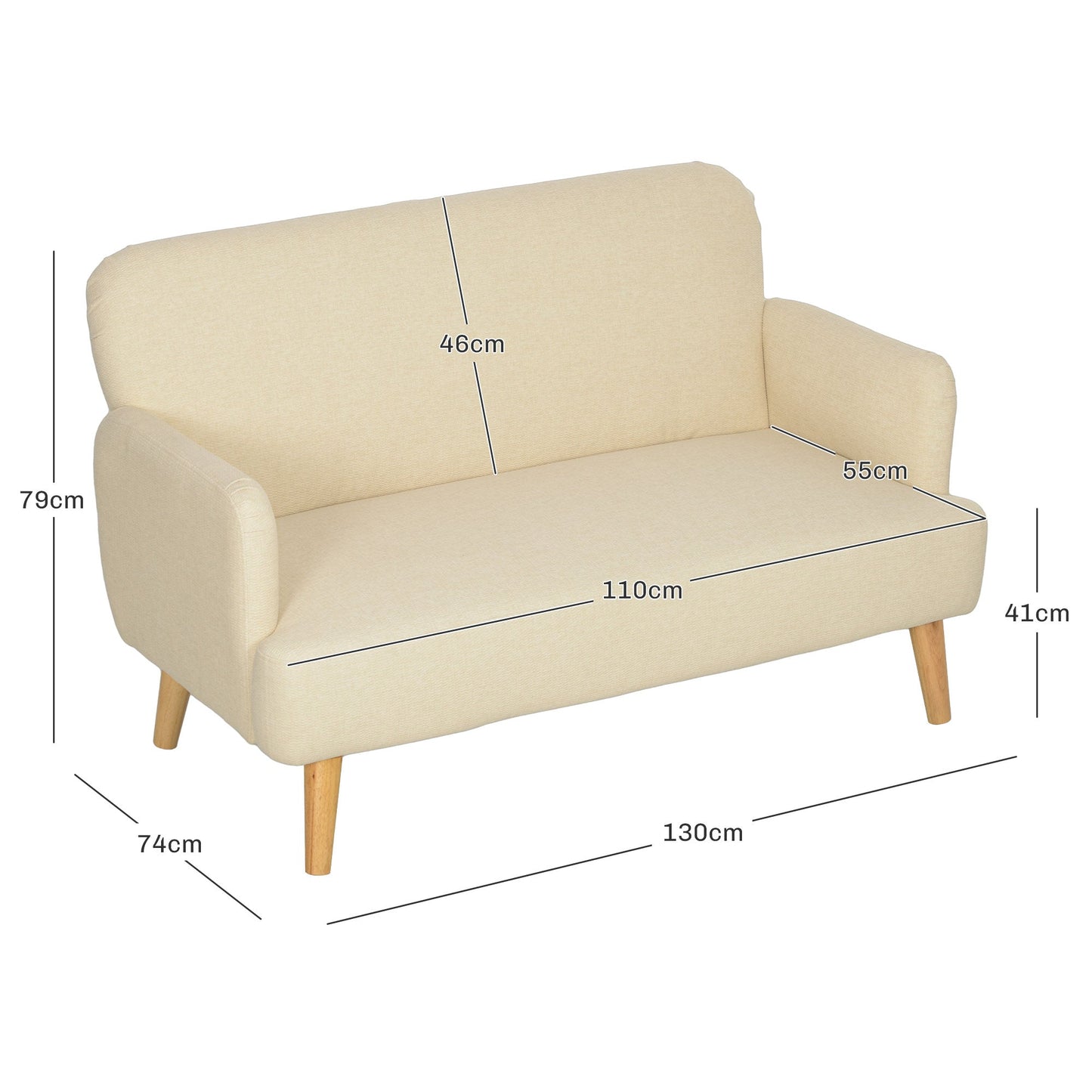 HOMCOM 2 Seater Sofa, Small Sofa Couch with 21cm Thick Padding and Wood Legs, Modern Velvet Feel Fabric Loveseat for Living Room, Bedroom, Home Office, Cream White