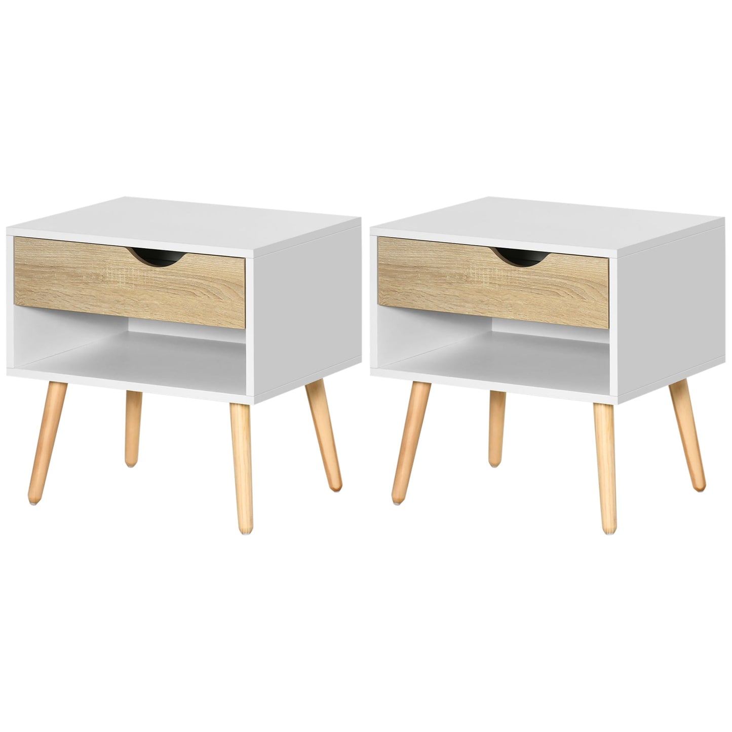 HOMCOM Set of 2 Bedside Table with Drawer and Shelf, Modern Nightstand, End Table for Bedroom, Living Room, White