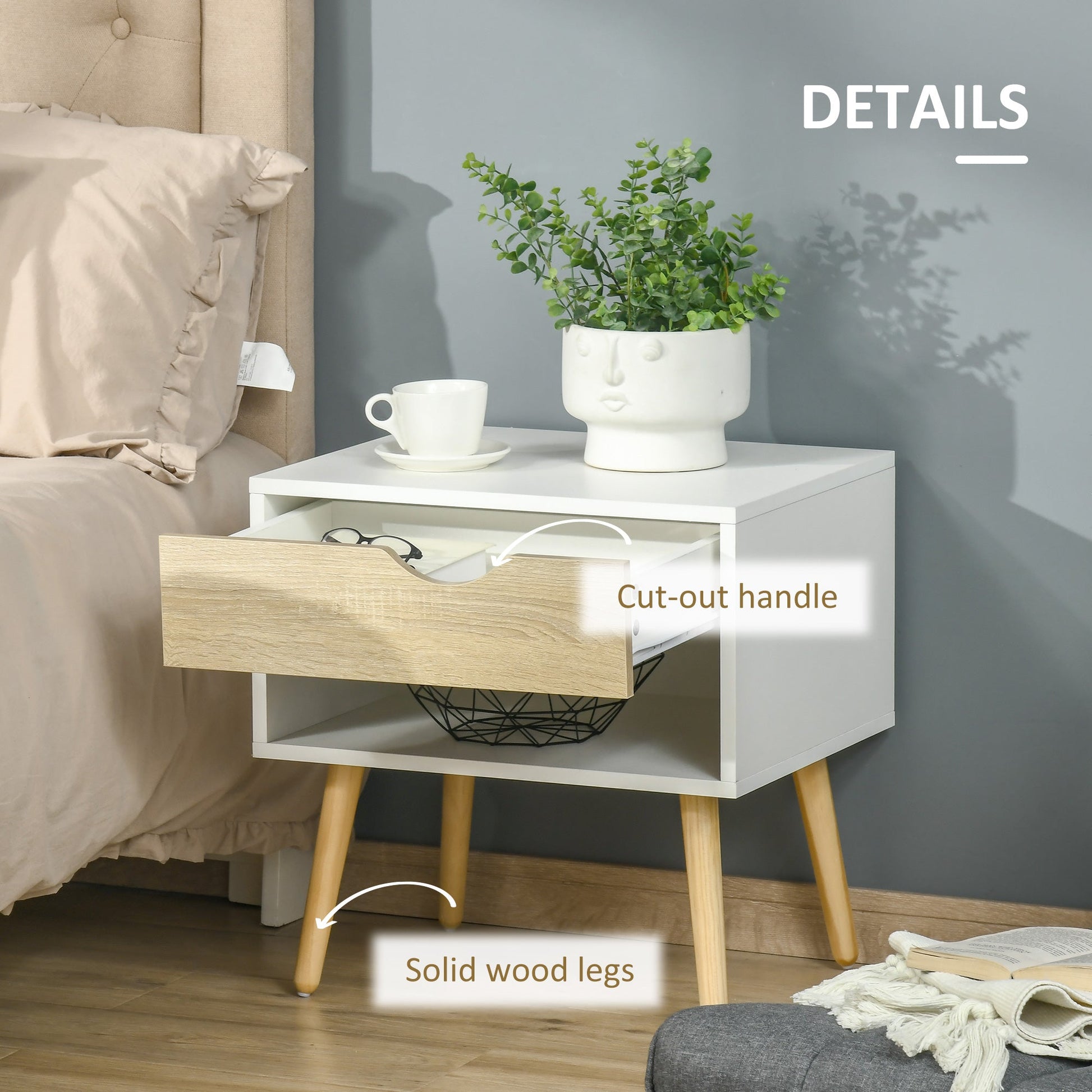 HOMCOM Set of 2 Bedside Table with Drawer and Shelf, Modern Nightstand, End Table for Bedroom, Living Room, White