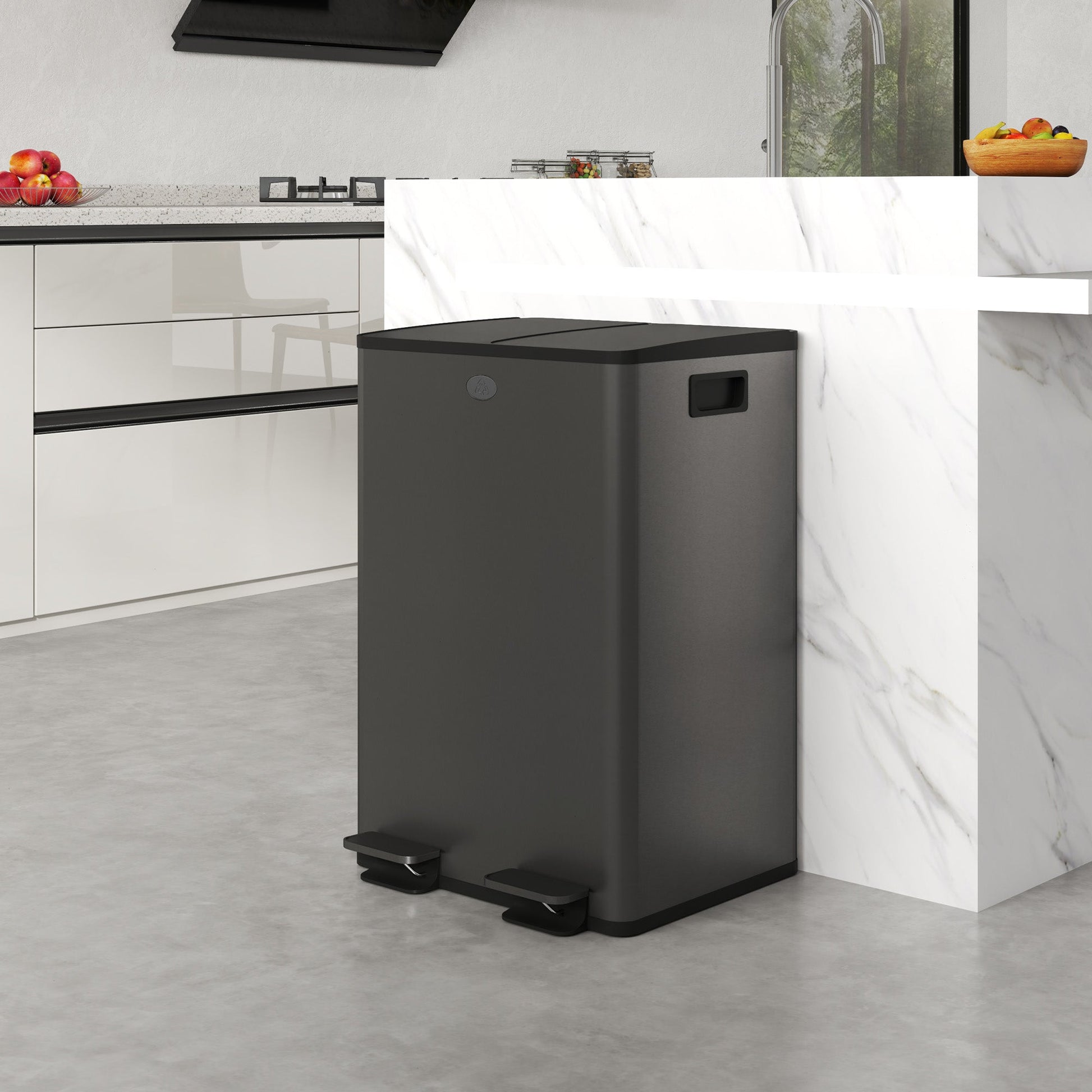 Dual Kitchen Bin, 2 x 28L Stainless Steel Double Rubbish Bin with Soft Close Lid, Removable Inner Buckets, Fingerprint-Proof for Recycling and Waste, Black