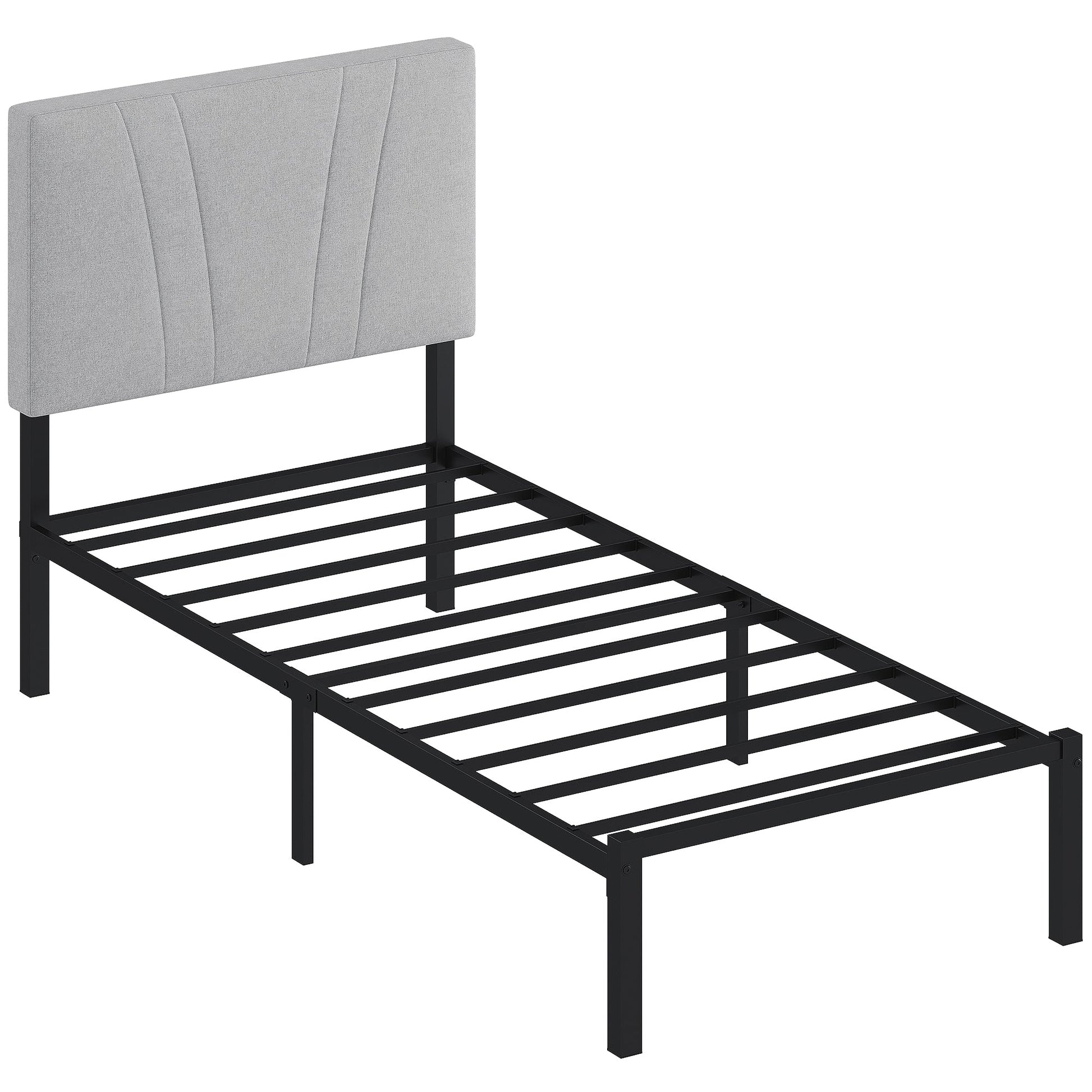 3FT Single Bed Frame with Upholstered and Padded Headboard, Metal Bed Frame with Underbed Storage and Steel Slat Support, No Box Spring Needed, Easy Assembly, Black and Light Grey