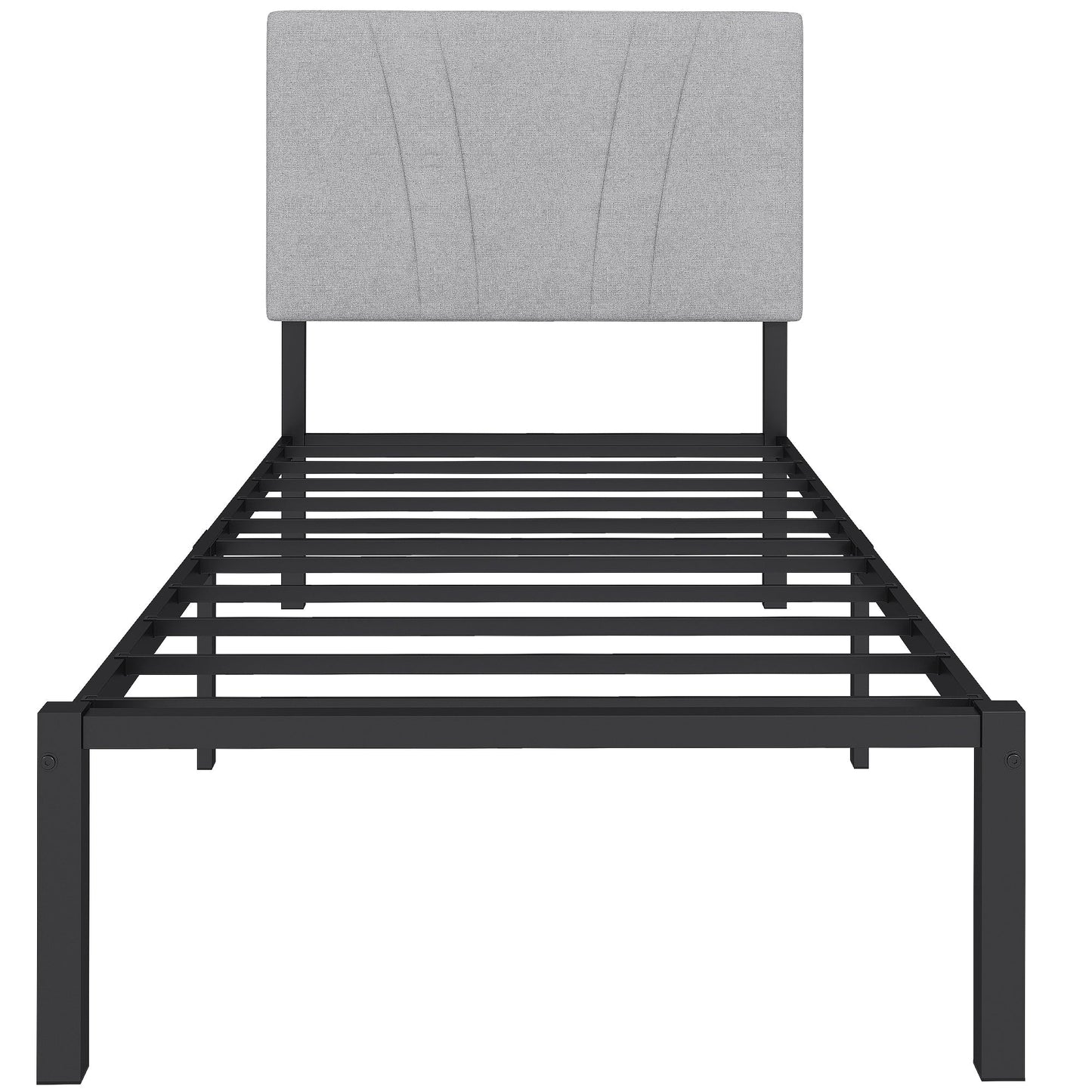 3FT Single Bed Frame with Upholstered and Padded Headboard, Metal Bed Frame with Underbed Storage and Steel Slat Support, No Box Spring Needed, Easy Assembly, Black and Light Grey