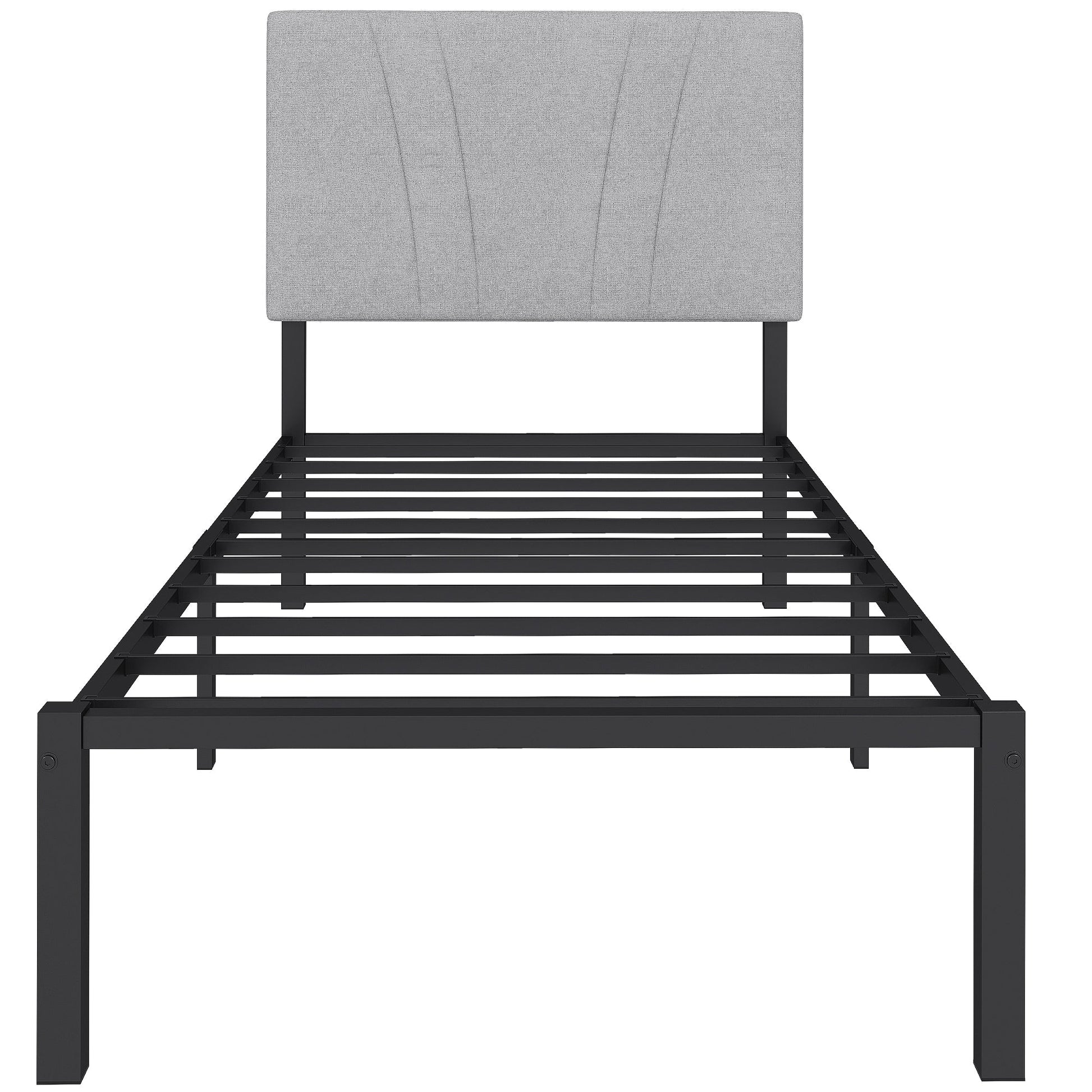 3FT Single Bed Frame with Upholstered and Padded Headboard, Metal Bed Frame with Underbed Storage and Steel Slat Support, No Box Spring Needed, Easy Assembly, Black and Light Grey