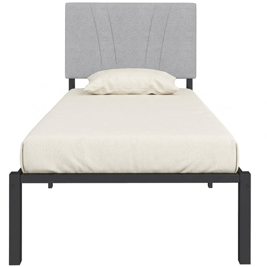 3FT Single Bed Frame with Upholstered and Padded Headboard, Metal Bed Frame with Underbed Storage and Steel Slat Support, No Box Spring Needed, Easy Assembly, Black and Light Grey