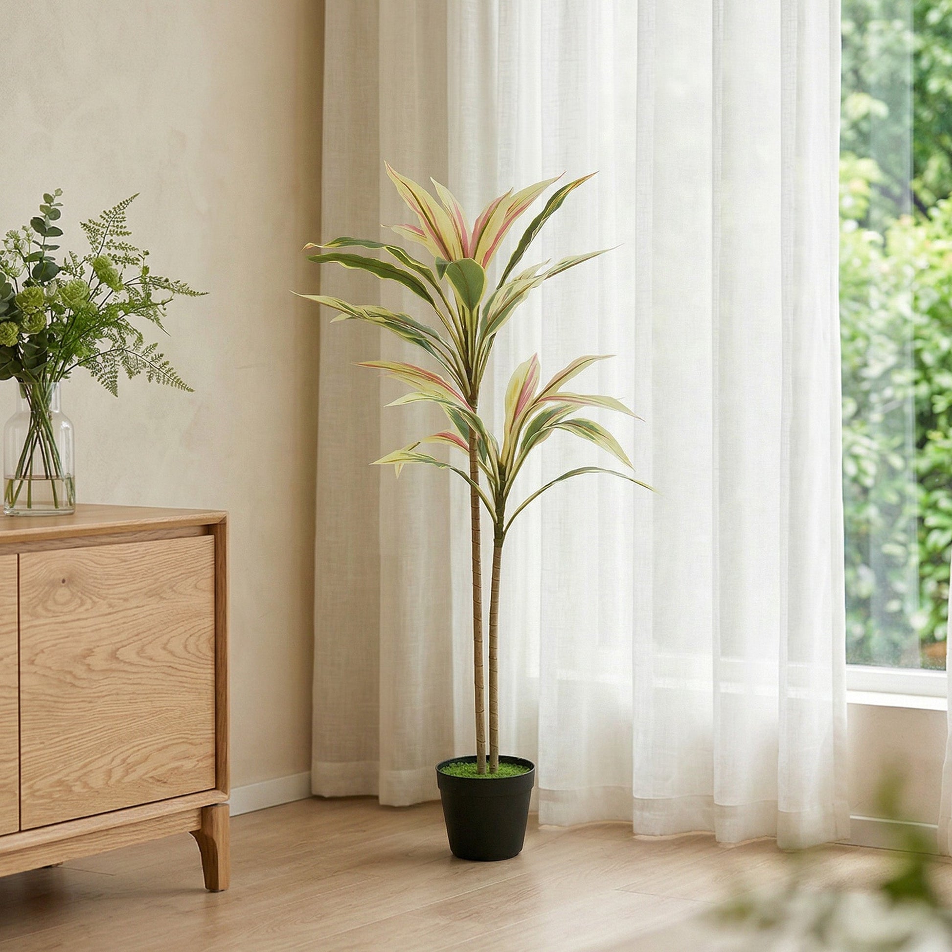 Artificial Cordyline Tree, 90 cm Fake Cordyline Tree with 29 Leaves, Realistic PEVA Faux Plant in Moss Effect Pot for Home Indoor Outdoor Decor, Yellow