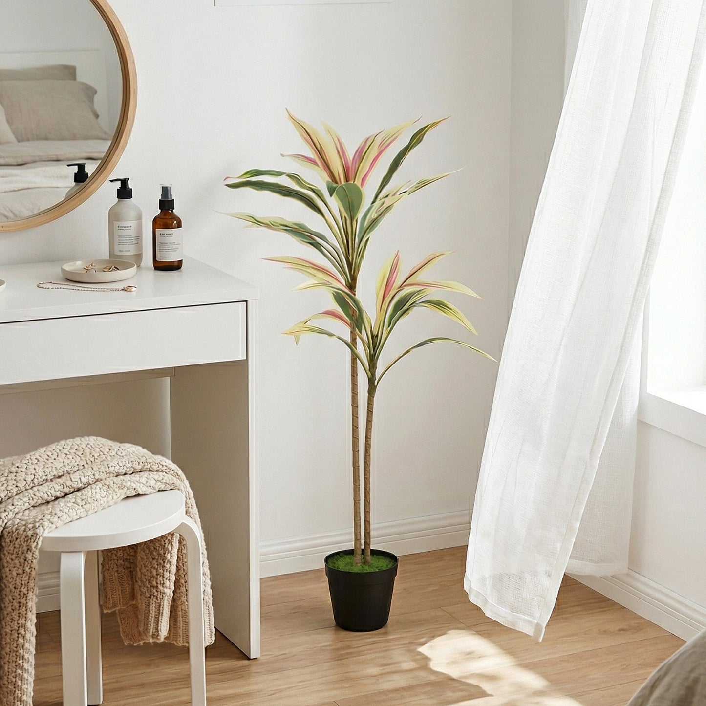 Artificial Cordyline Tree, 90 cm Fake Cordyline Tree with 29 Leaves, Realistic PEVA Faux Plant in Moss Effect Pot for Home Indoor Outdoor Decor, Yellow