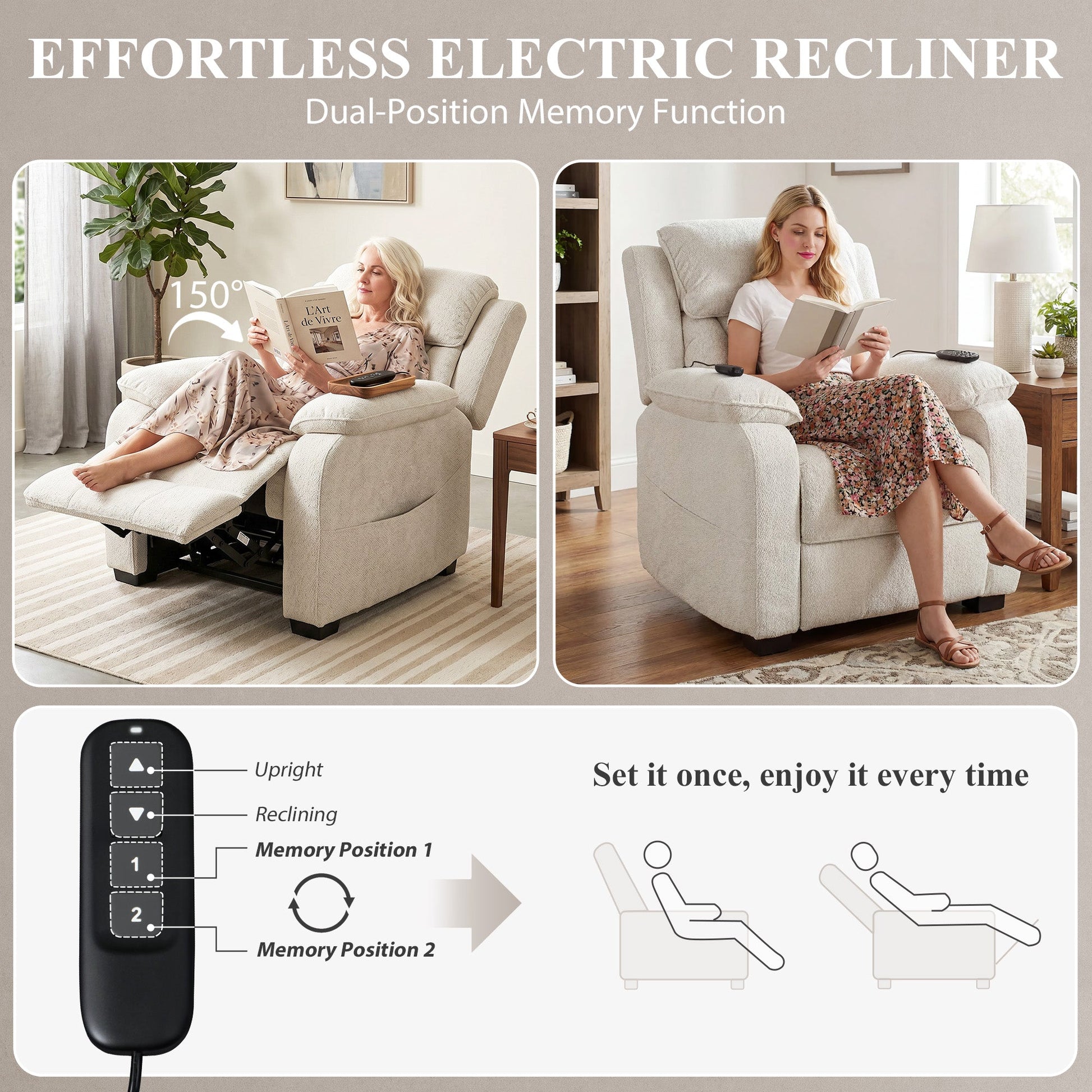Power Recliner Armchair with Massage and Heat, Velvet-Feel Fabric Quiet Electric Reclining Chair with Wide Spring Seat, Memory Function, High Back, Headrest, USB Port, Side Pockets, Cream White
