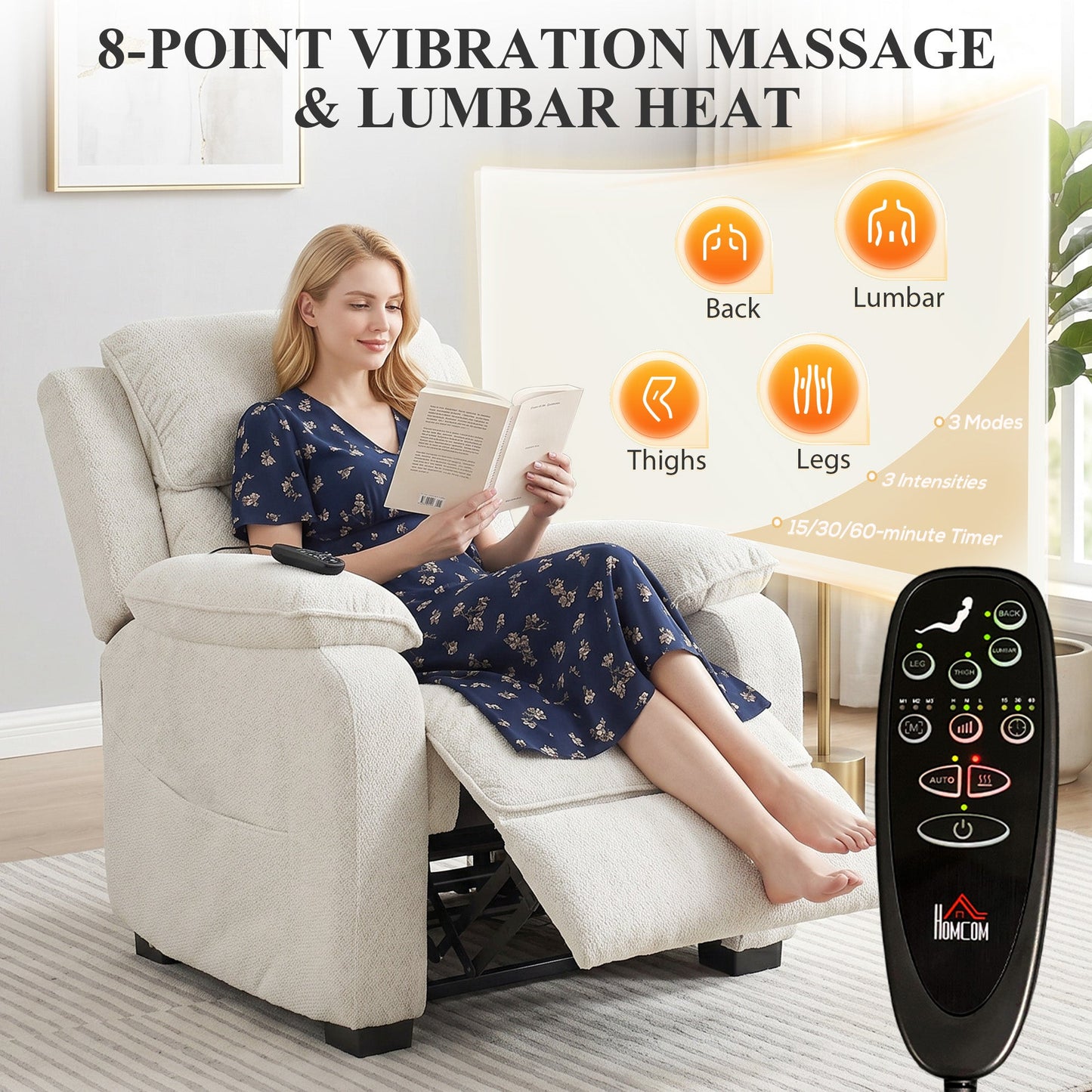 Power Recliner Armchair with Massage and Heat, Velvet-Feel Fabric Quiet Electric Reclining Chair with Wide Spring Seat, Memory Function, High Back, Headrest, USB Port, Side Pockets, Cream White