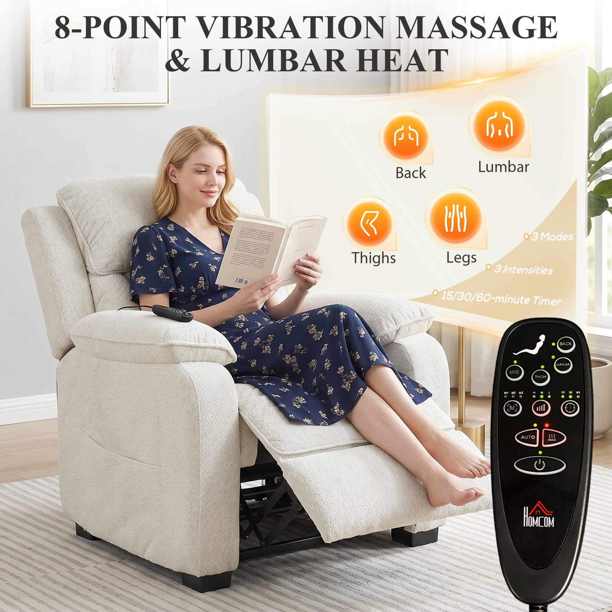 Power Recliner Armchair with Massage and Heat, Velvet-Feel Fabric Quiet Electric Reclining Chair with Wide Spring Seat, Memory Function, High Back, Headrest, USB Port, Side Pockets, Cream White