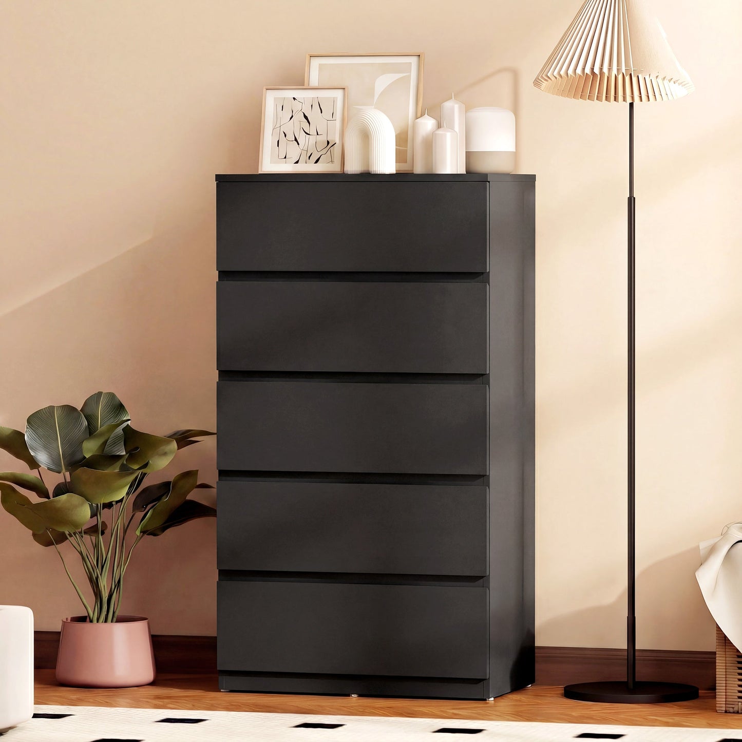 Chest of Drawers, 5 Drawers Storage Cabinet Floor Tower Cupboard for Bedroom Living Room, Black