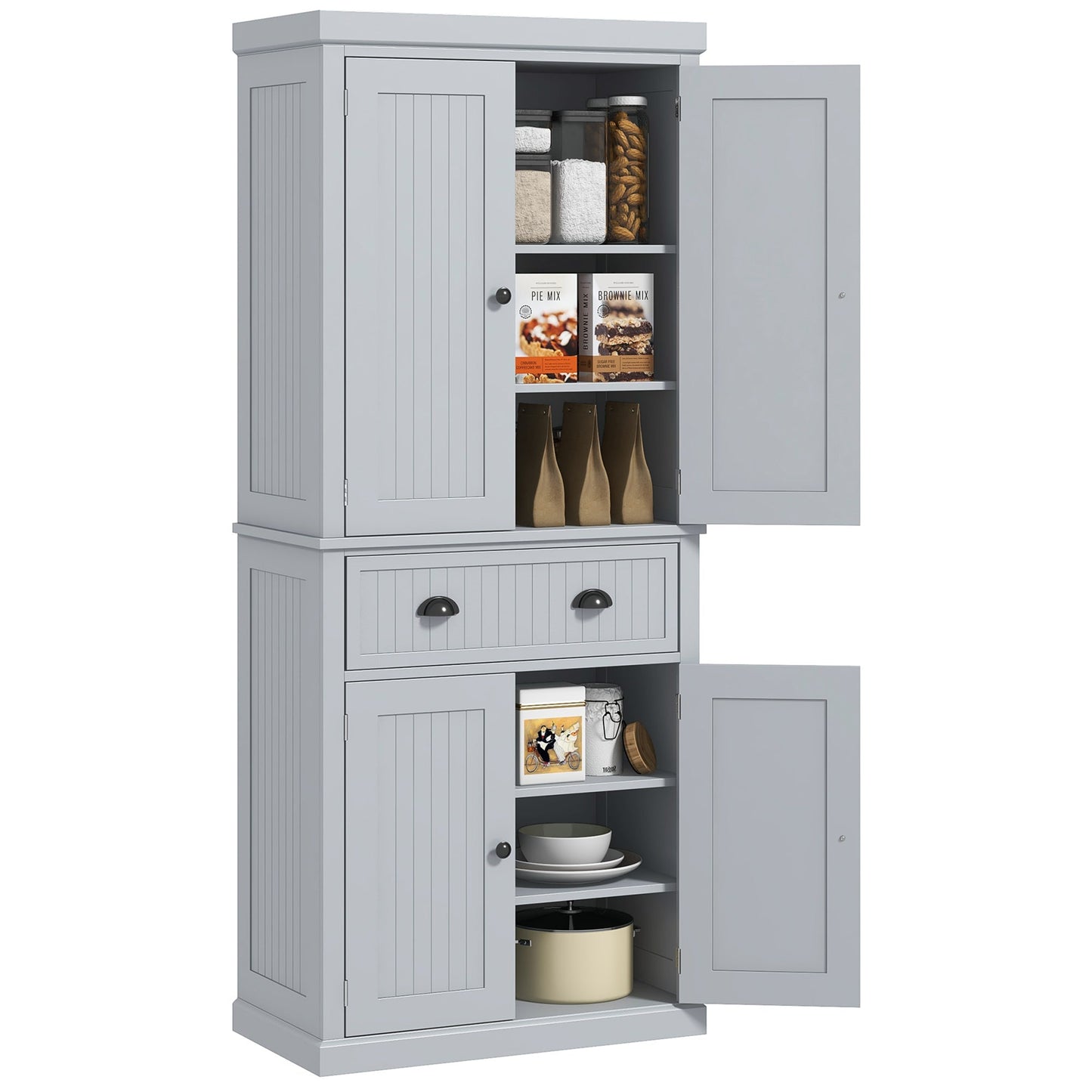 183cm Tall Kitchen Cupboard, Kitchen Pantry Cabinet with Drawer, 3 Adjustable Shelves and 4 Doors, Freestanding Storage Cabinet for Dining Room, Living Room, Grey
