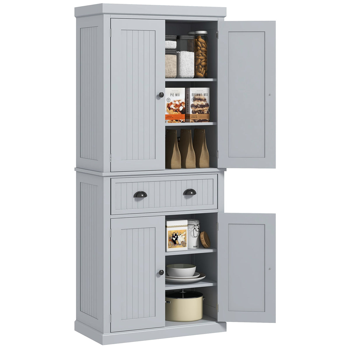 183cm Tall Kitchen Cupboard, Kitchen Pantry Cabinet with Drawer, 3 Adjustable Shelves and 4 Doors, Freestanding Storage Cabinet for Dining Room, Living Room, Grey